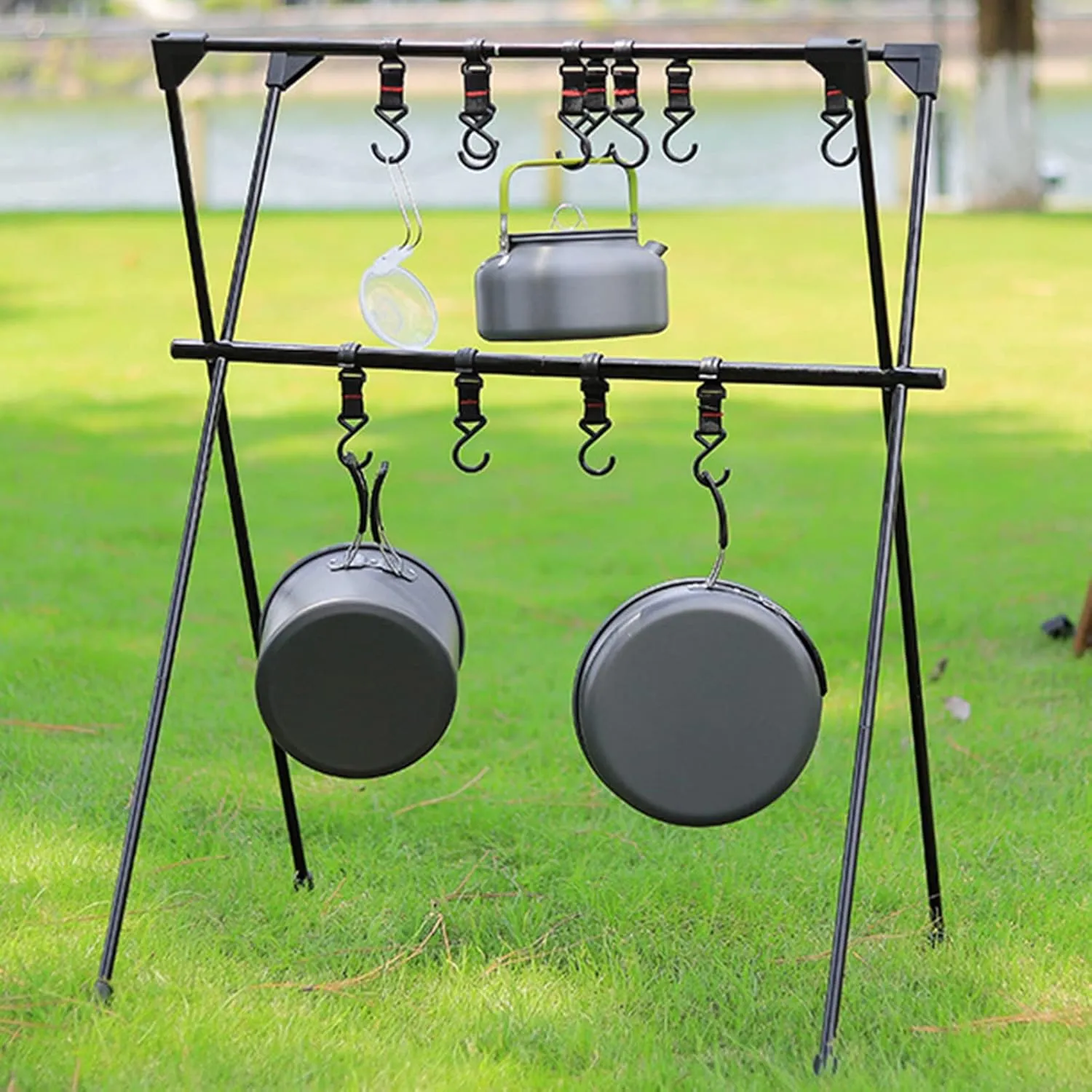 1 Pc Camping Hanging Rack, Cookware Hanging Rack, Sutekus Cookware Hanging Rack Collapsible Multifunction Camping Stand Outdoor Tools Hanging Organizer with Hooks (Black)