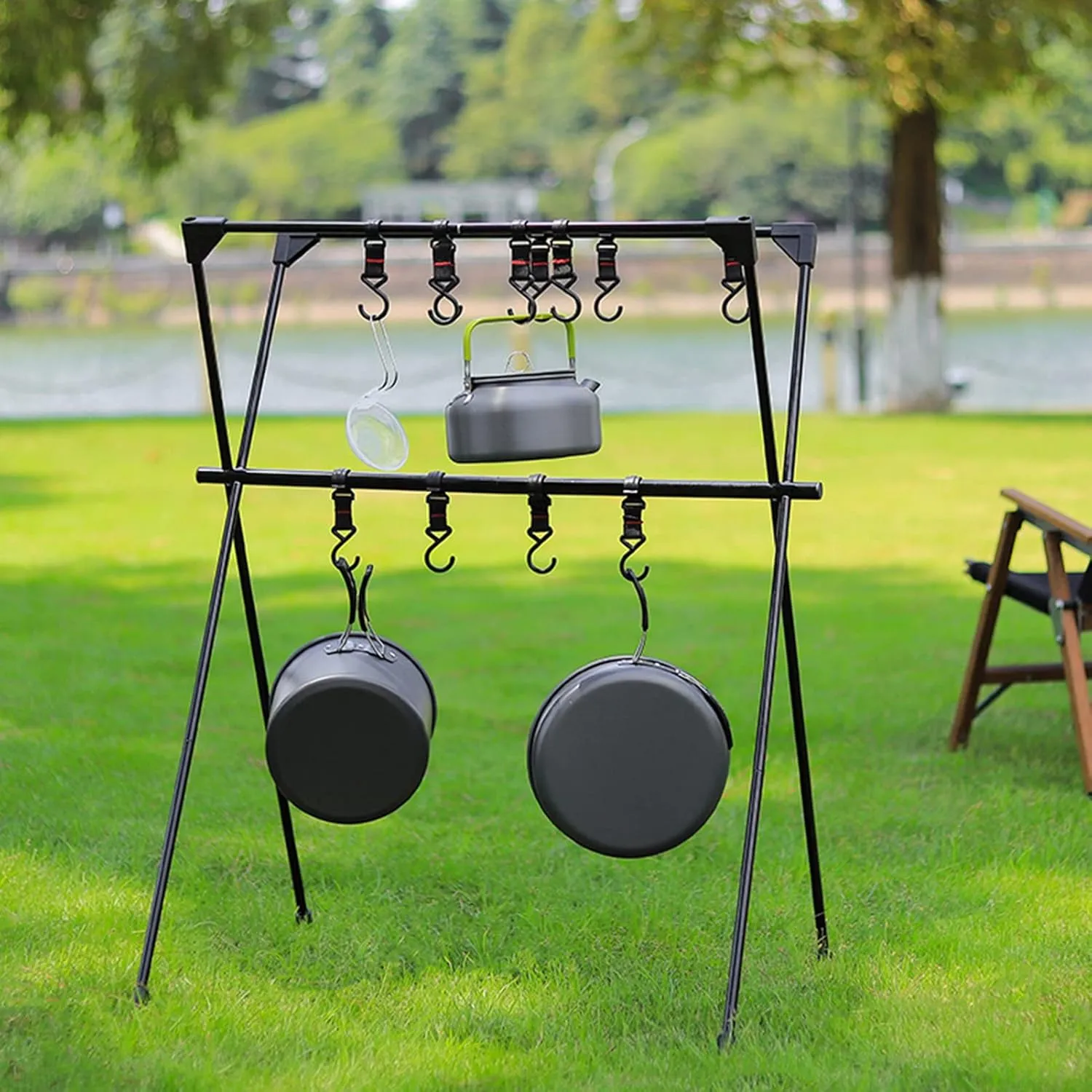 1 Pc Camping Hanging Rack, Cookware Hanging Rack, Sutekus Cookware Hanging Rack Collapsible Multifunction Camping Stand Outdoor Tools Hanging Organizer with Hooks (Black)