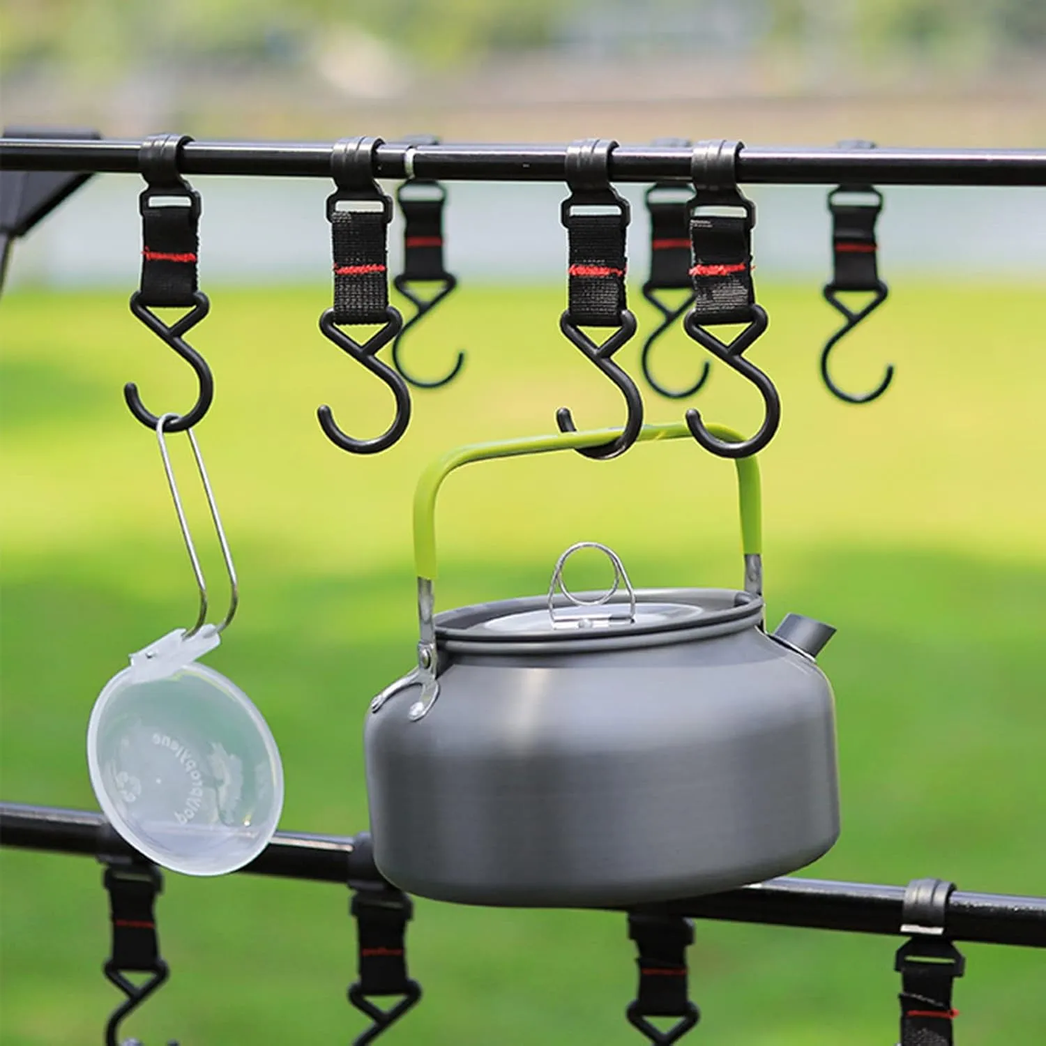 1 Pc Camping Hanging Rack, Cookware Hanging Rack, Sutekus Cookware Hanging Rack Collapsible Multifunction Camping Stand Outdoor Tools Hanging Organizer with Hooks (Black)
