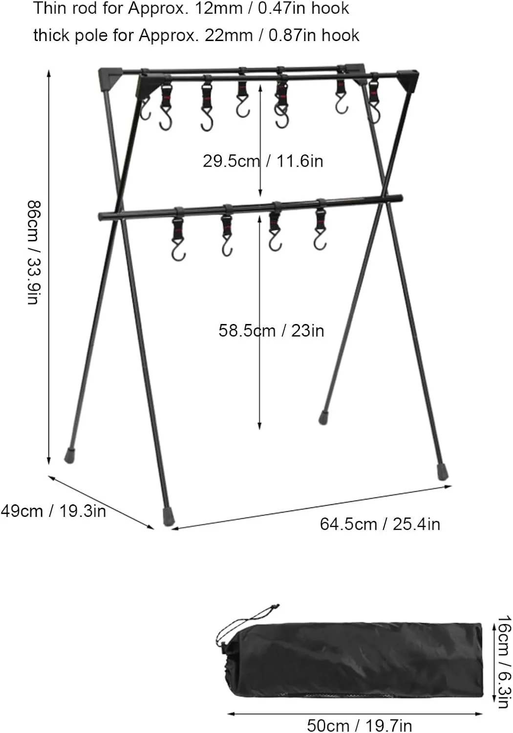1 Pc Camping Hanging Rack, Cookware Hanging Rack, Sutekus Cookware Hanging Rack Collapsible Multifunction Camping Stand Outdoor Tools Hanging Organizer with Hooks (Black)