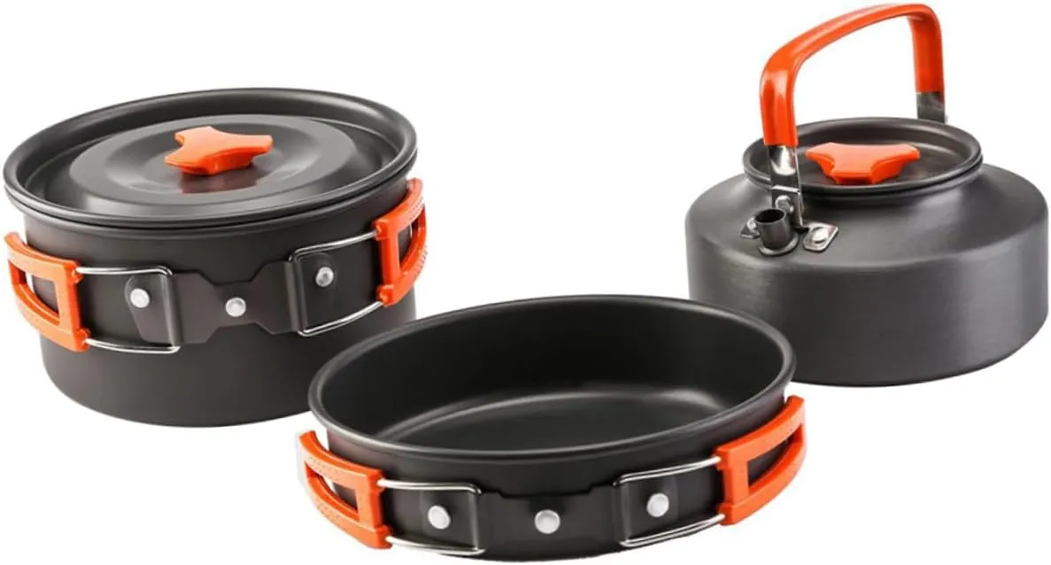 1 Set 3pcs Three Piece Kettle Saucepans Portable Grill Pots Cook Oven Double Burner Camping Stove Camping Gadgets Bank Unit Deep Frying Pan Camping Utensils Aluminum Alloy