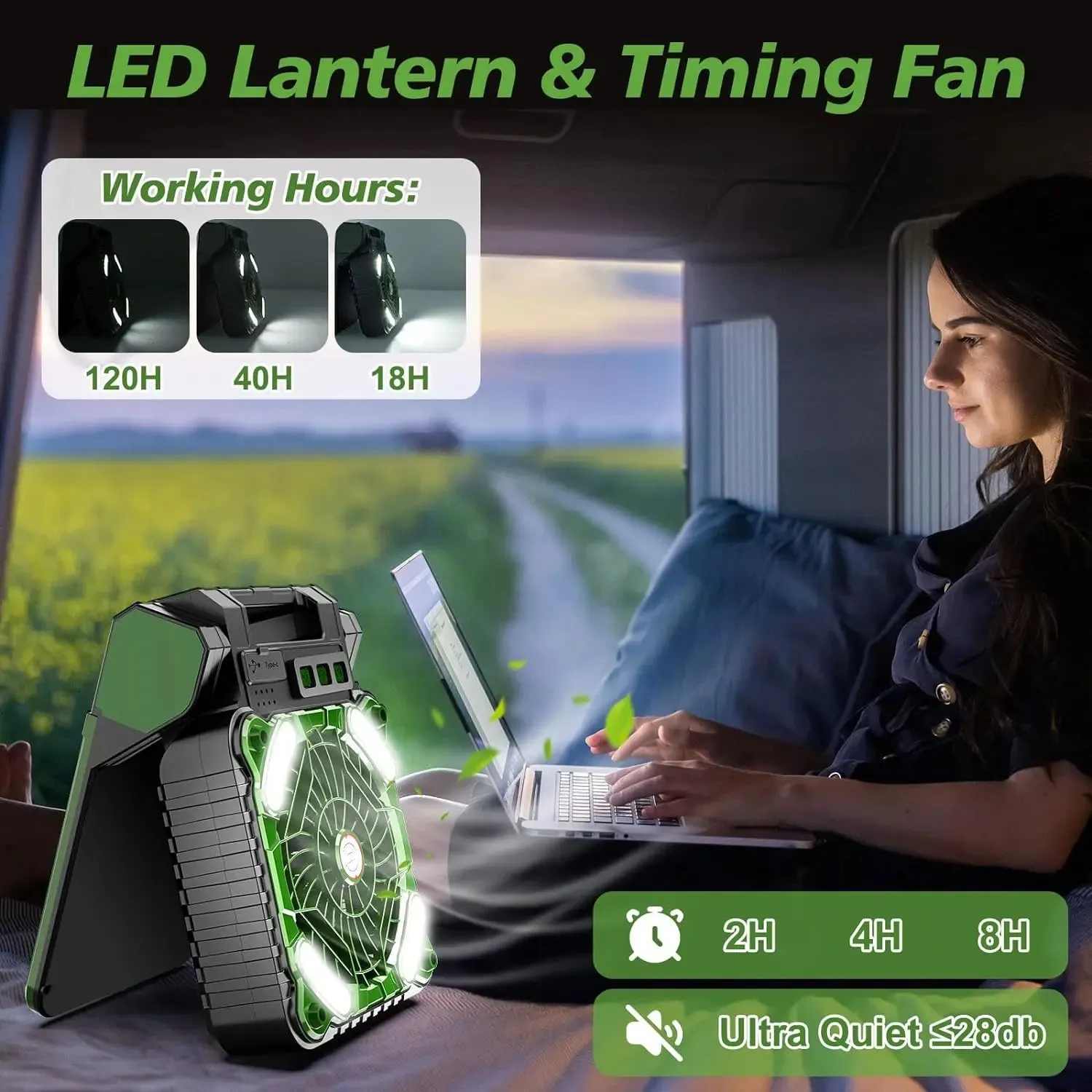 10000mAh Solar Powered Portable Camping LED Lantern With Fan - 4 Speeds Powerful Wind, Rechargeable Battery Operated, 90° Folding