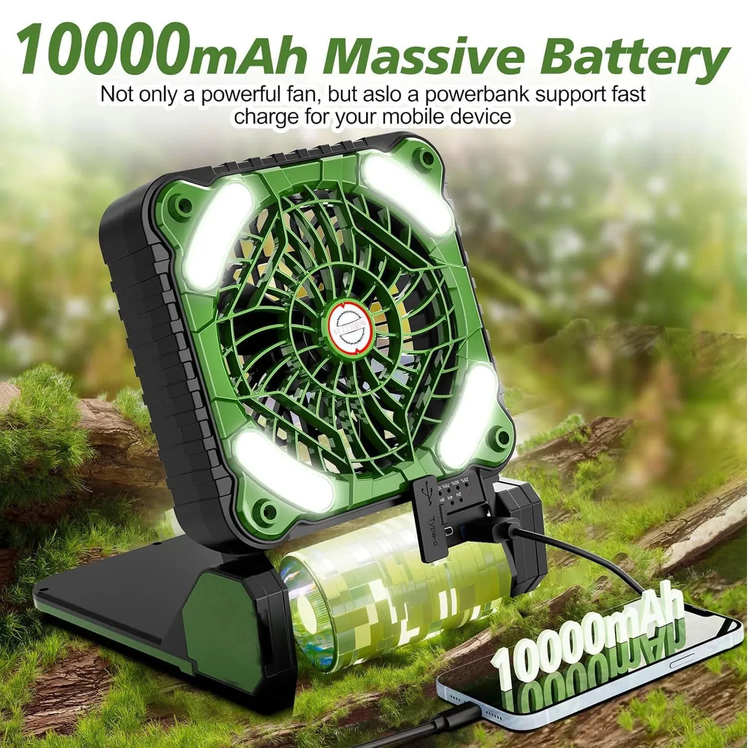 10000mAh Solar Powered Portable Camping LED Lantern With Fan - 4 Speeds Powerful Wind, Rechargeable Battery Operated, 90° Folding