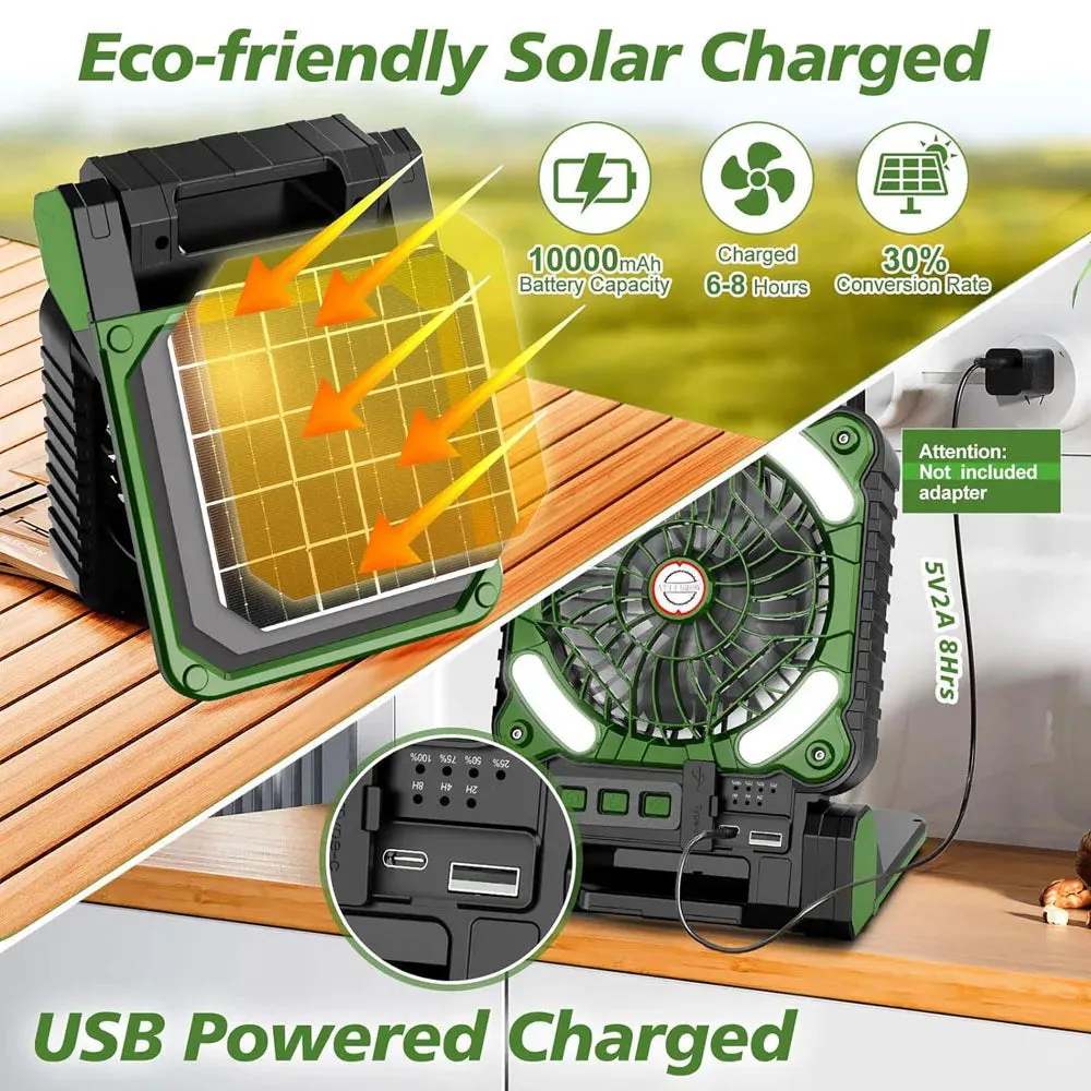 10000mAh Solar Powered Portable Camping LED Lantern With Fan - 4 Speeds Powerful Wind, Rechargeable Battery Operated, 90° Folding