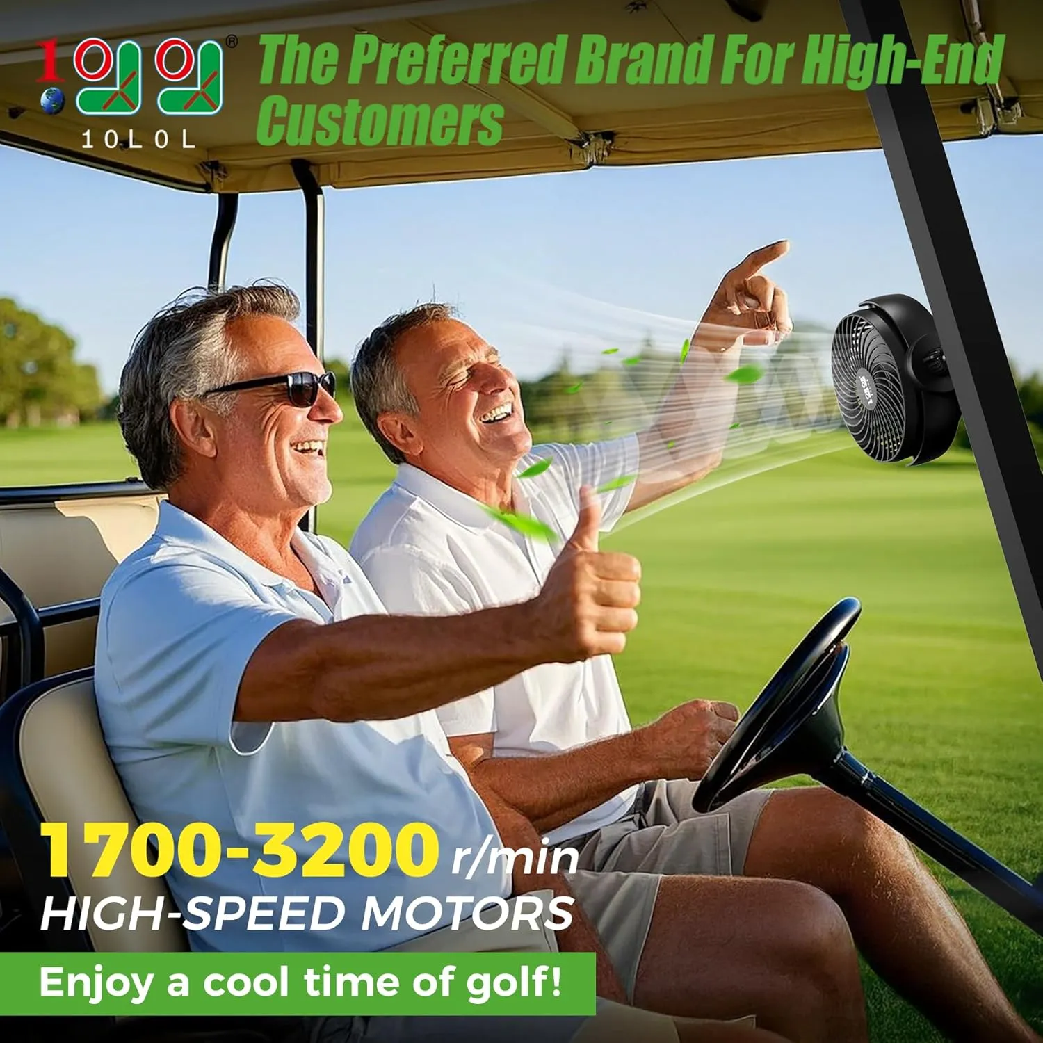 10L0L Rechargeable Golf Cart Fans - 60Hrs Runtime Big Battery Operated Portable Fan 360° Rotatable Head, Fits EZGO/Club Car/Yamaha Golf Cart with LED Light