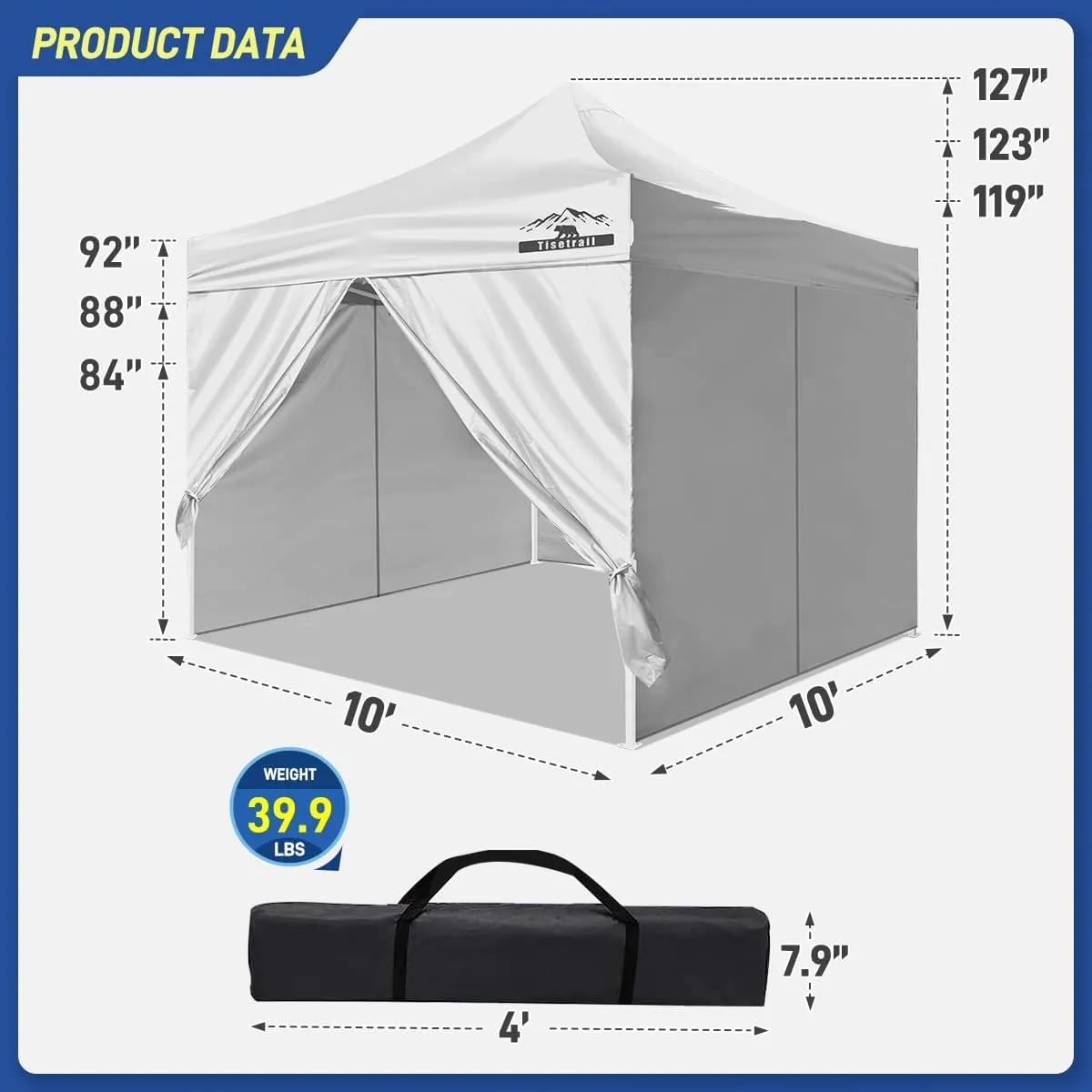 10x10ft Pop Up Canopy Tent with Sidewalls, Waterproof Commercial Party Tents, Heavy Duty Instant Shelter, Outdoor Sun Shade for Events, Parties, Camping, UPF 50 , 4 Weight Bags - White
