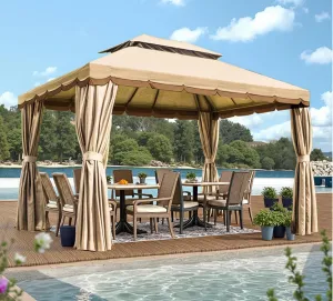 10x13 Outdoor Gazebo for Patio, Gazebo Canopy Tent with Mosquito Netting & Curtains, Party Tent Shelter with Waterproof Sunshade Double Vented Roof for Garden, Deck, Backyard, Lawn (Beige)