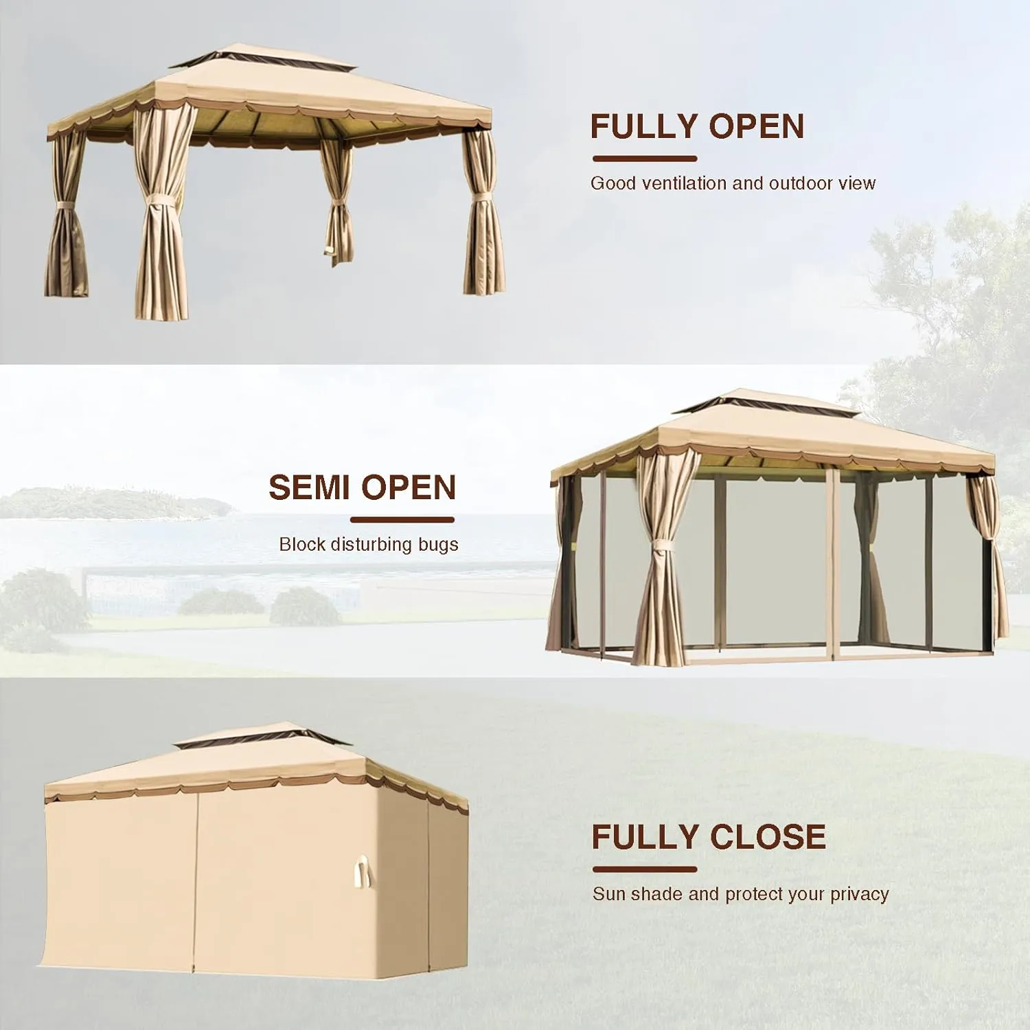 10x13 Outdoor Gazebo for Patio, Gazebo Canopy Tent with Mosquito Netting & Curtains, Party Tent Shelter with Waterproof Sunshade Double Vented Roof for Garden, Deck, Backyard, Lawn (Beige)