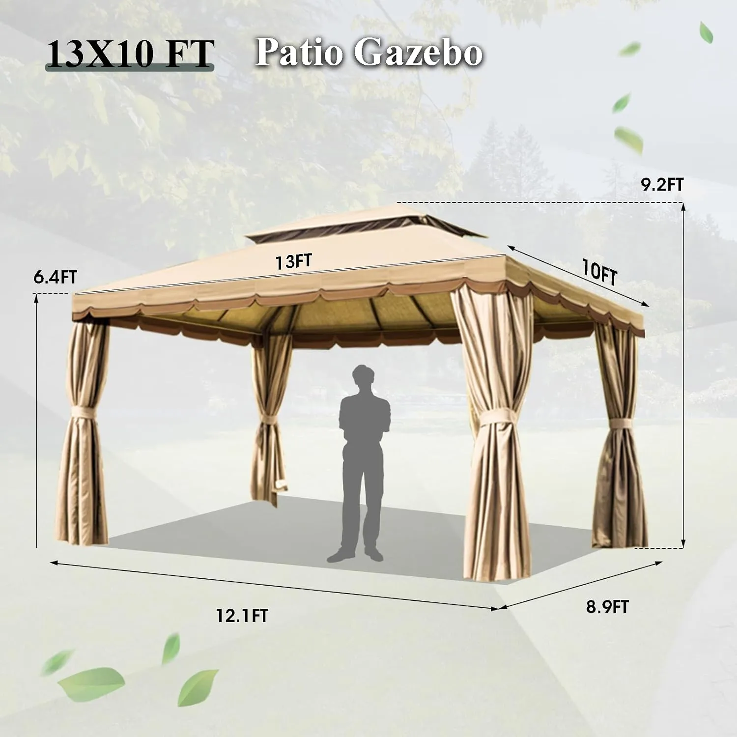 10x13 Outdoor Gazebo for Patio, Gazebo Canopy Tent with Mosquito Netting & Curtains, Party Tent Shelter with Waterproof Sunshade Double Vented Roof for Garden, Deck, Backyard, Lawn (Beige)