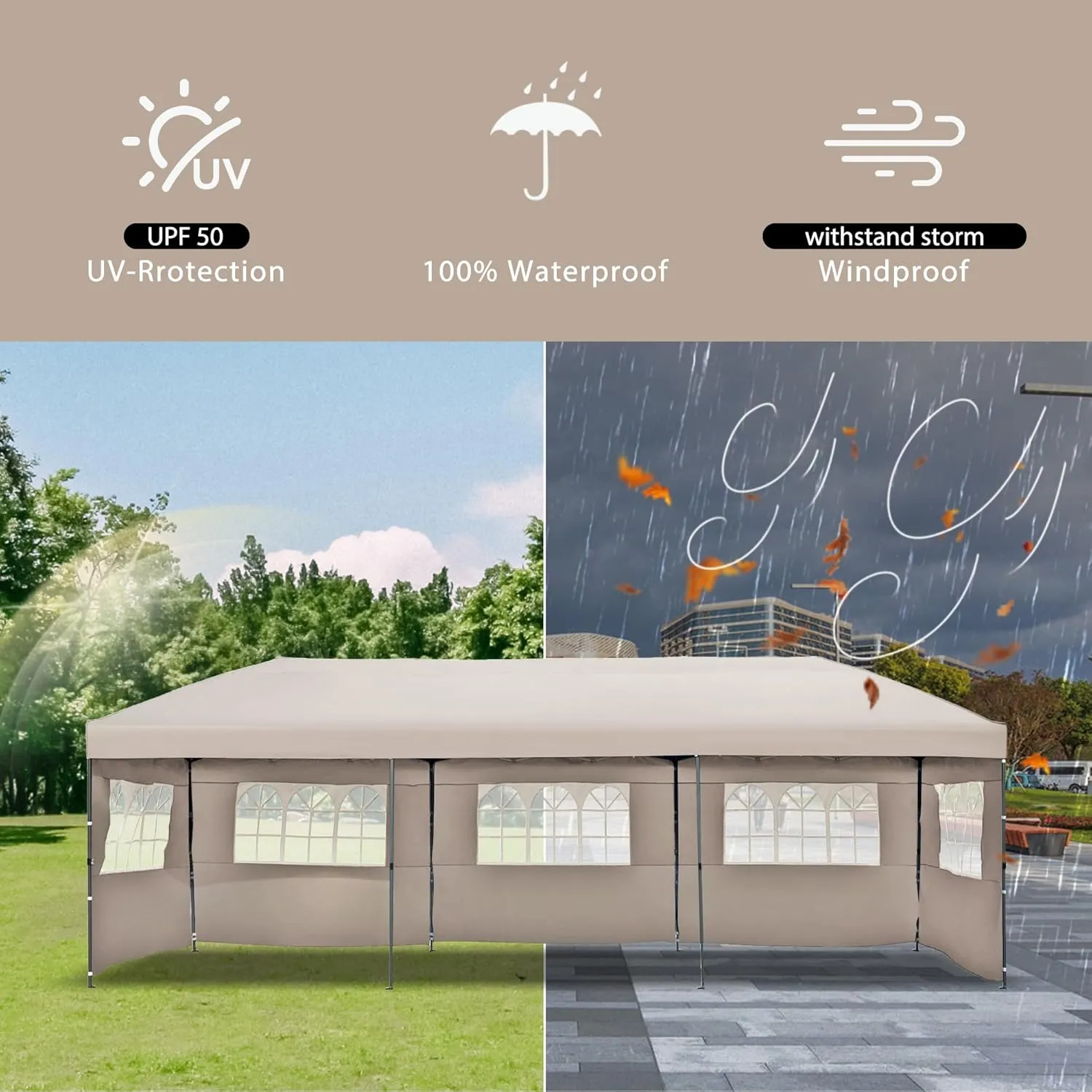 10x30 Pop Up Canopy with Sidewalls, Outdoor Party Tent with Wheeled Bag, Patio Canopy Tent for Patio Wedding Backyard (Khaki)