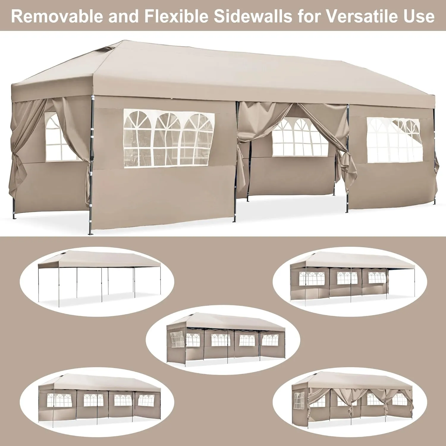 10x30 Pop Up Canopy with Sidewalls, Outdoor Party Tent with Wheeled Bag, Patio Canopy Tent for Patio Wedding Backyard (Khaki)