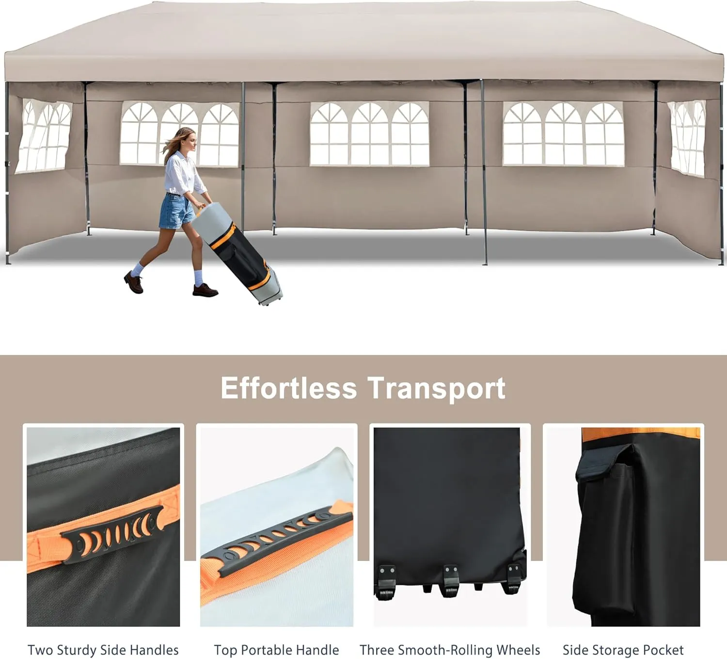 10x30 Pop Up Canopy with Sidewalls, Outdoor Party Tent with Wheeled Bag, Patio Canopy Tent for Patio Wedding Backyard (Khaki)