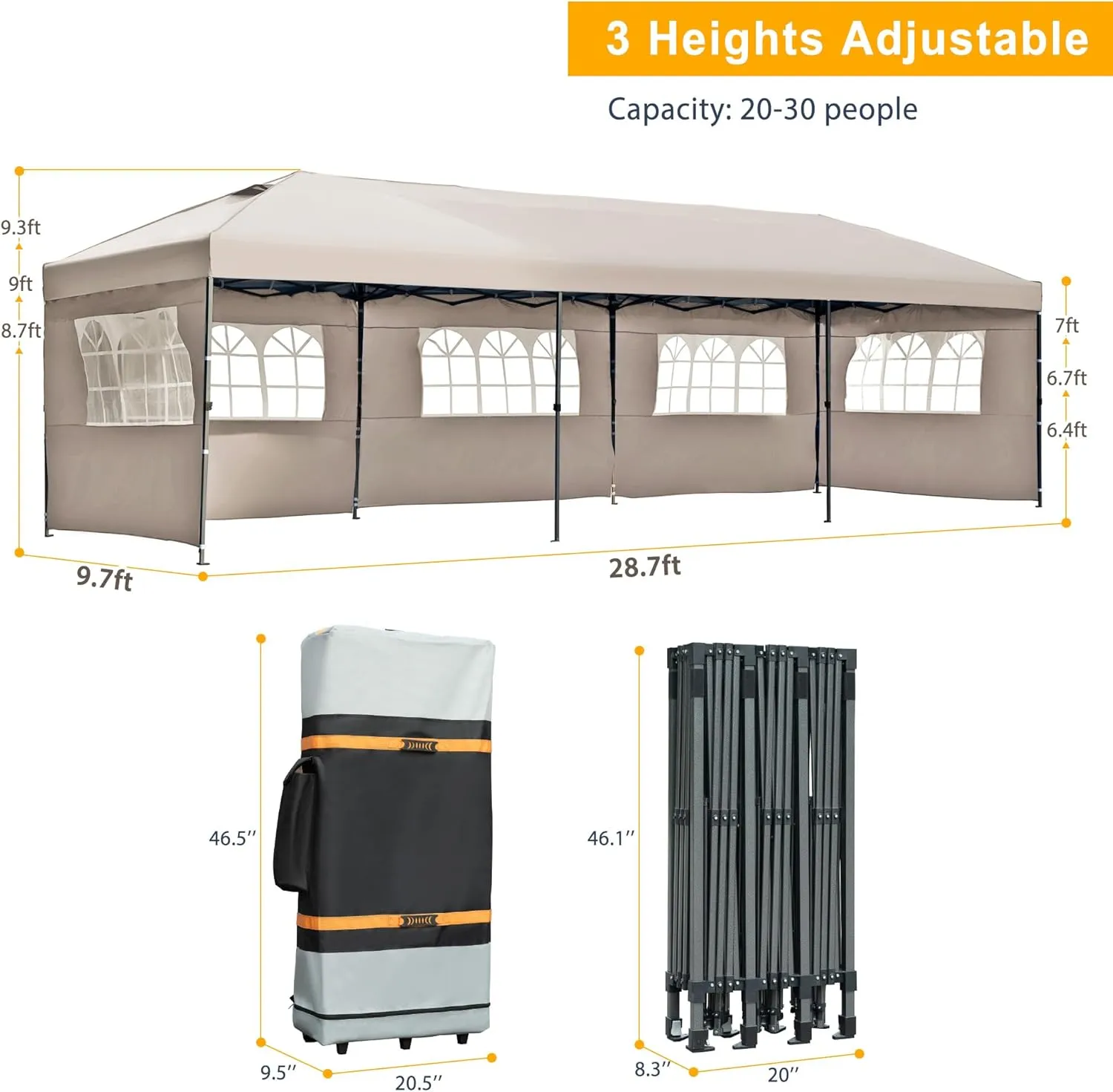 10x30 Pop Up Canopy with Sidewalls, Outdoor Party Tent with Wheeled Bag, Patio Canopy Tent for Patio Wedding Backyard (Khaki)