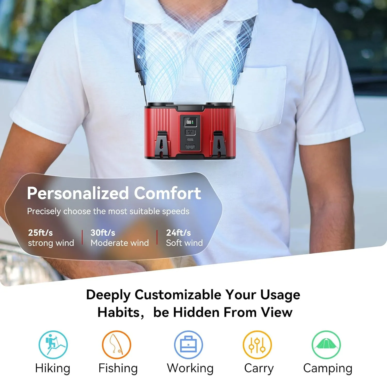 12000mAh Personal Waist Fan, USB Rechargeable Clip The Waist For Working,10 Speed & 40H Cooling and Heatstroke Prevention For Outdoor Travel Camping (Red, 12000mAh)