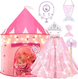 13 Pcs Castle Play Tent with LED Star Lights - Princess Dress-Up Set with Crown for Little Girls - Princess Toy Tent - Indoor and Outdoor Girls Castle Playhouse - Pink
