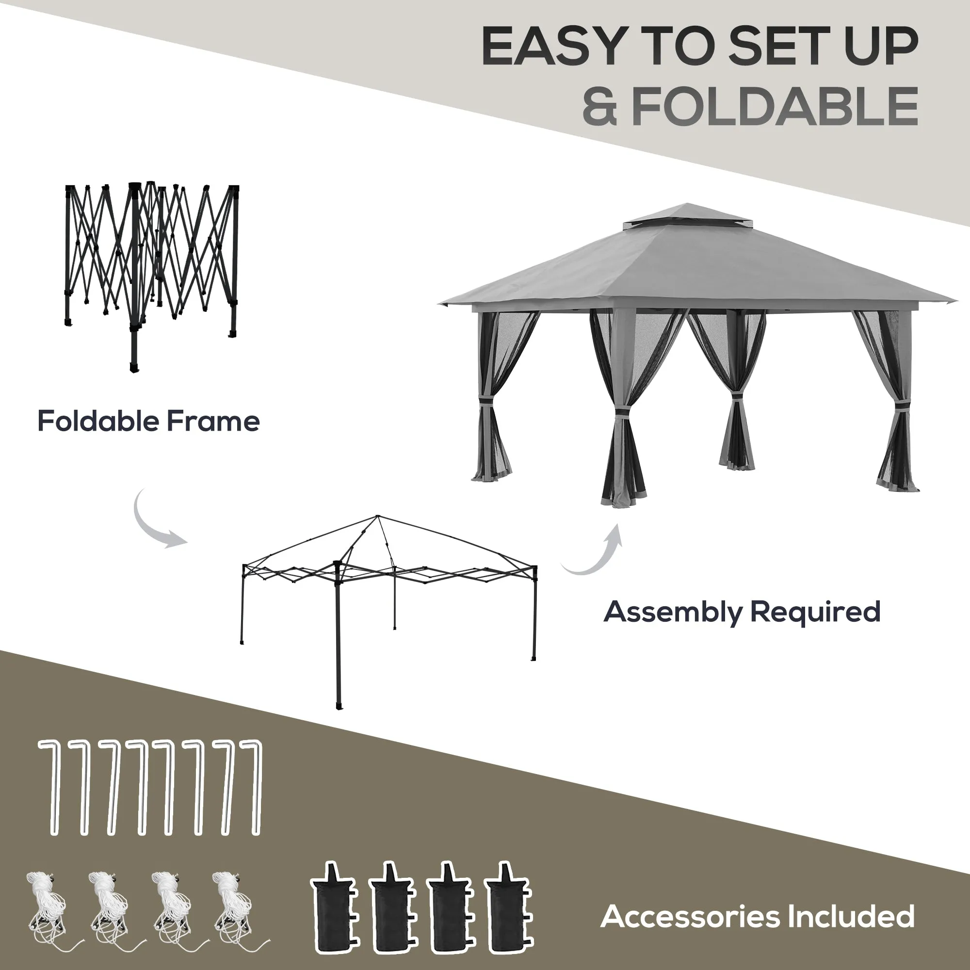13' x 13' Pop Up Canopy with Mesh Sidewalls and Water/Sand Bag, UPF 50  Easy Up Canopy Tent Shelter, Wheeled Carry Bag for Garden, Backyard, Patio, Lawn, Dark Grey