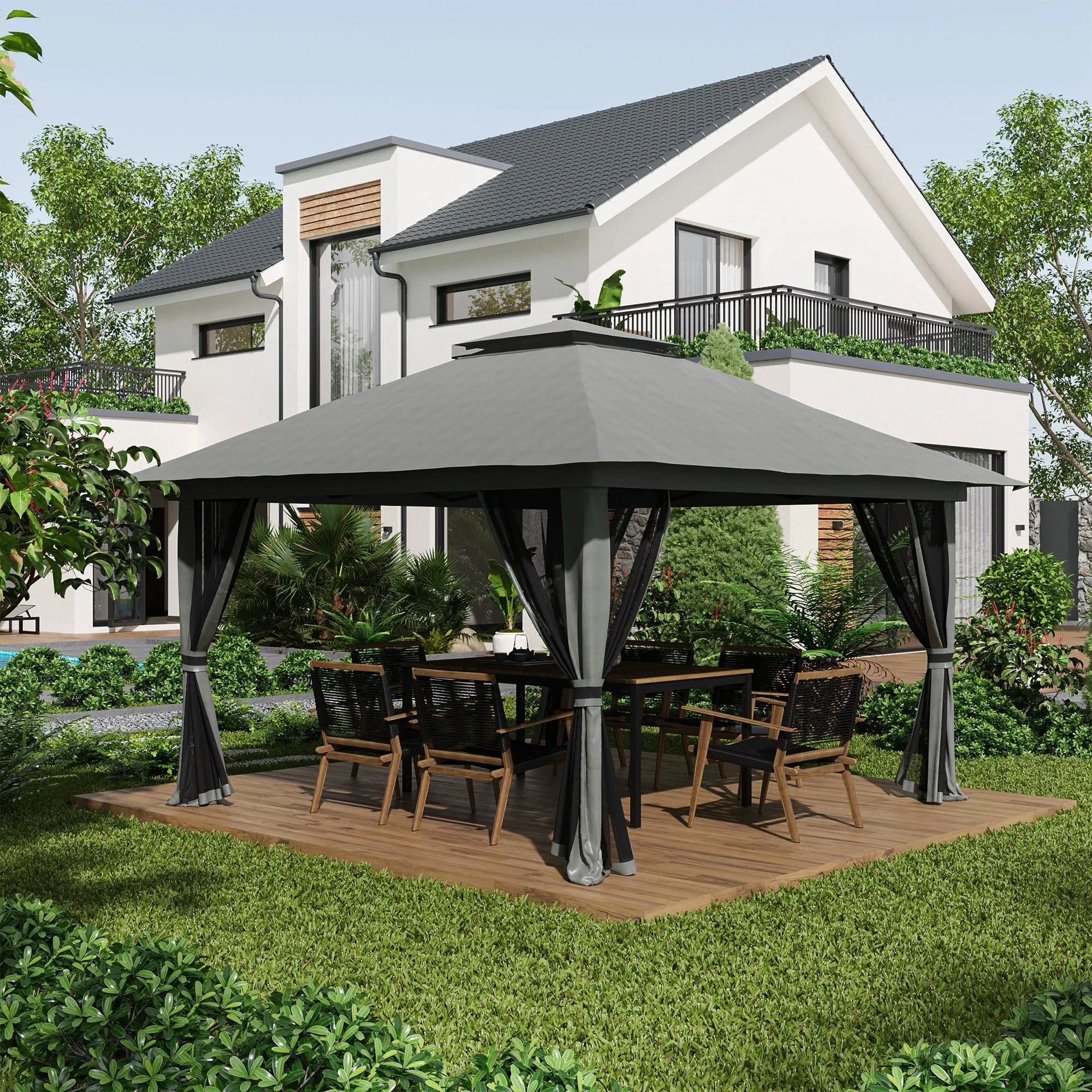 13' x 13' Pop Up Canopy with Mesh Sidewalls and Water/Sand Bag, UPF 50  Easy Up Canopy Tent Shelter, Wheeled Carry Bag for Garden, Backyard, Patio, Lawn, Dark Grey