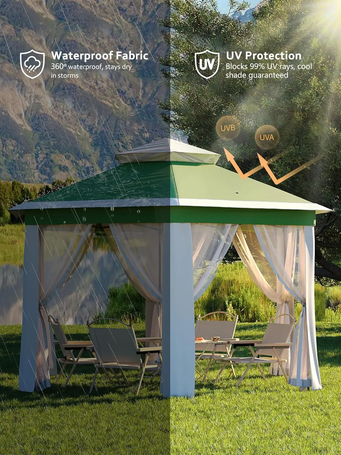 13 x 13FT Pop Up Gazebo, Hexagonal Outdoor Canopy Shelter, Instant Patio Gazebo Tent with Mesh Netting and Strong Steel Frame for Patio Backyard Garden Wedding Party, Green Beige
