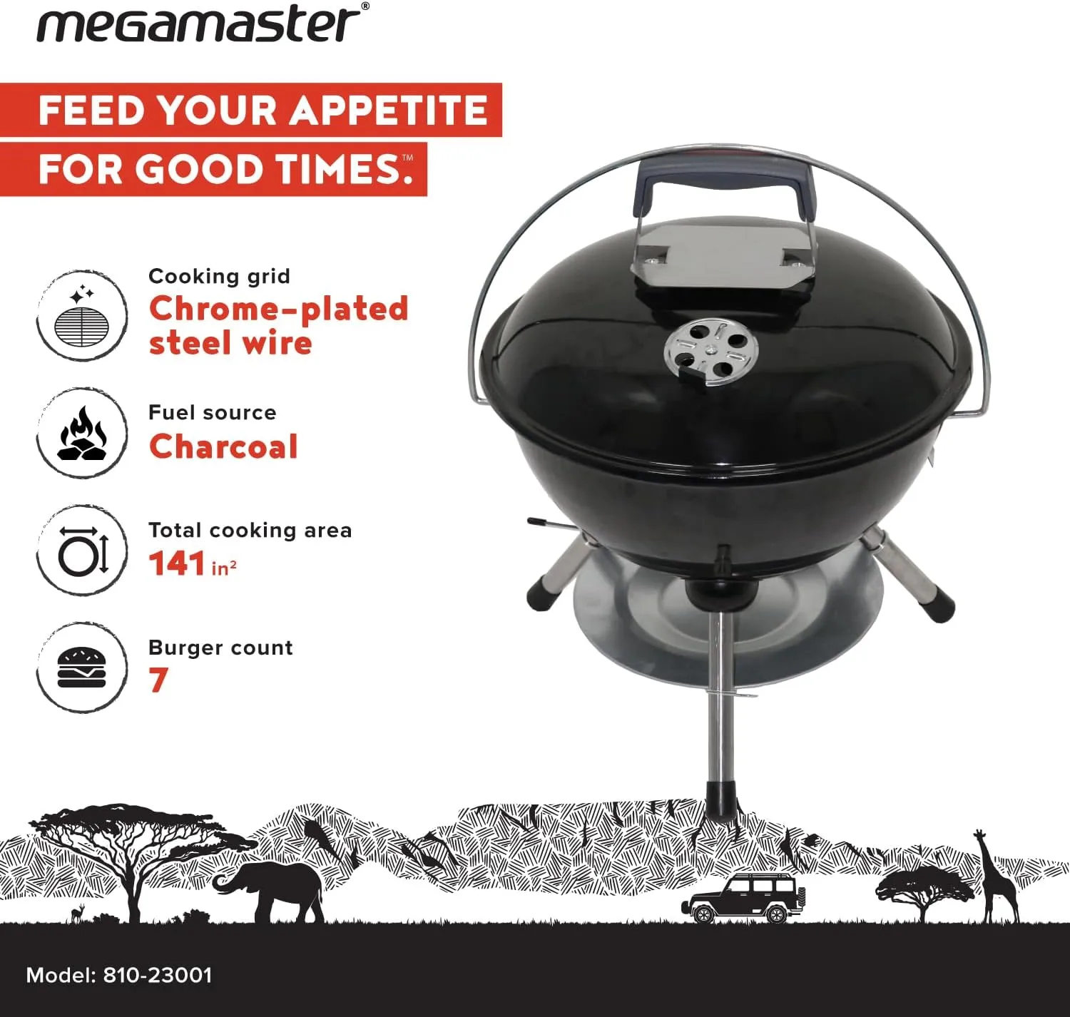 14.5" Portable Charcoal Barbecue Grill with Adjustable Air Vent, 141 SQ. In Cooking Area, Table Top Grill for Camping, Outdoor Cooking, Patios, and More - 810-23001