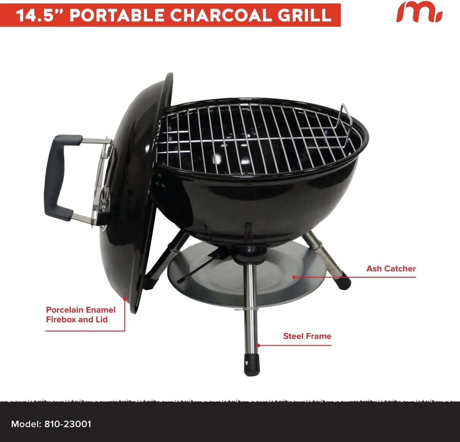 14.5" Portable Charcoal Barbecue Grill with Adjustable Air Vent, 141 SQ. In Cooking Area, Table Top Grill for Camping, Outdoor Cooking, Patios, and More - 810-23001