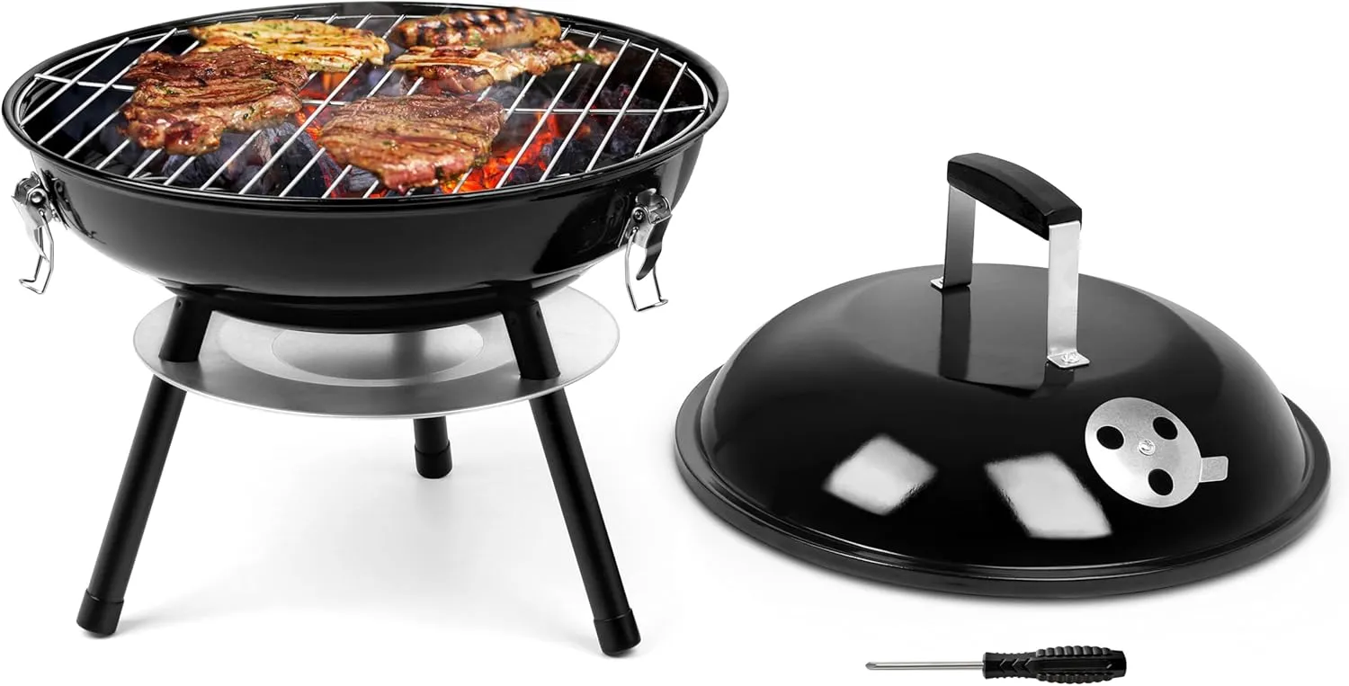 14Inch Portable Outdoor Charcoal Grill, Leonyo Small Tabletop BBQ Charcoal Grill Enamel Coated for Backyard Cooking, Camping, Picnics, Garden, Beach, Black