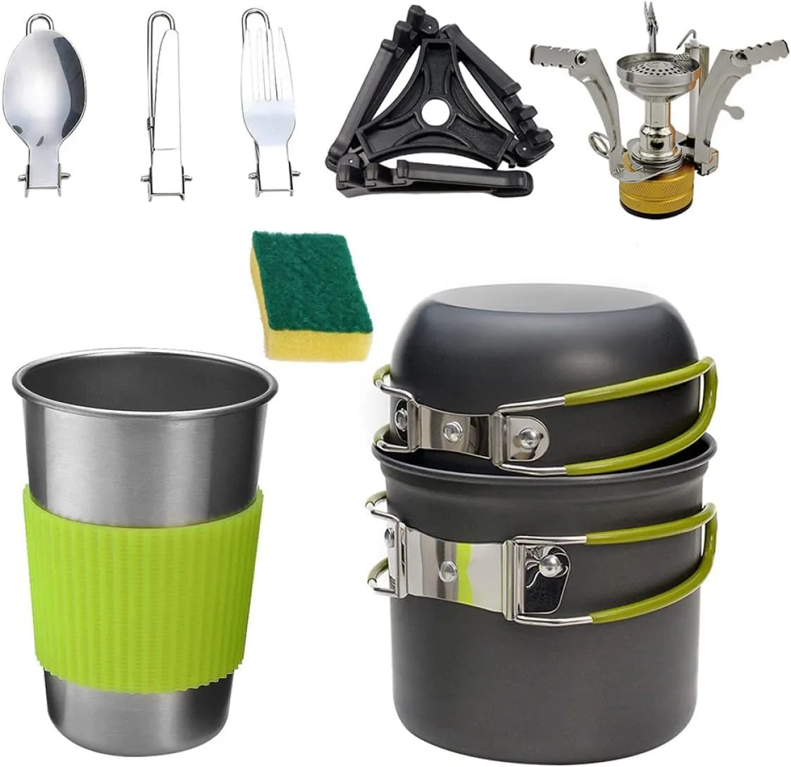 1Set Alloy Camping Cooking Portable Outdoor Cookware for People Lightweight and Durable Design for Picnics Hiking and Travel Includes Cleaning Sponge