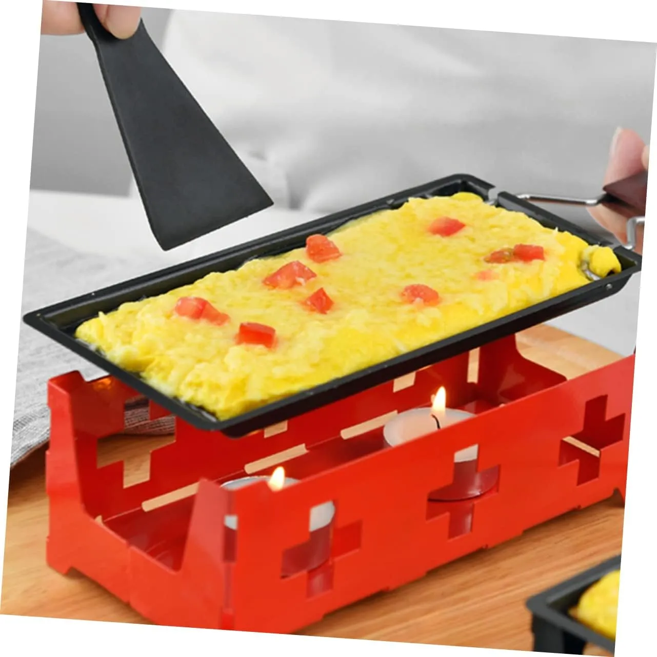 1set Portable Non- Grill Set Mini Bakeware for Camping Kitchen Includes Red Stove Rack Baking Tray Small Spatula with Handle for Cheese Fondue and Picnics
