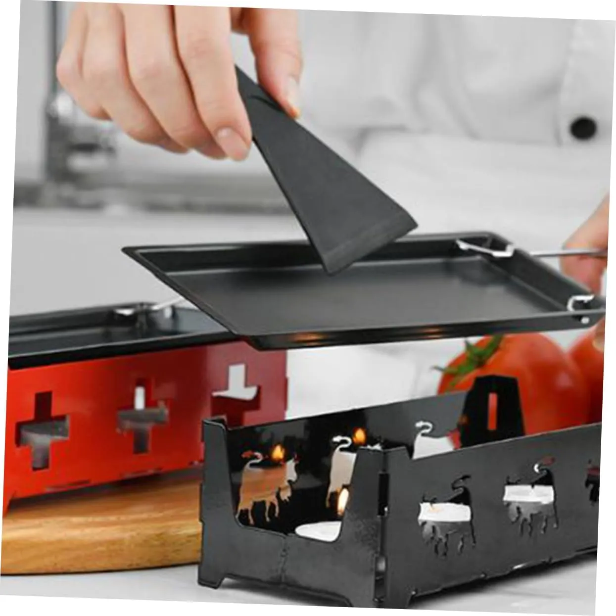 1set Portable Non- Grill Set Mini Bakeware for Camping Kitchen Includes Red Stove Rack Baking Tray Small Spatula with Handle for Cheese Fondue and Picnics