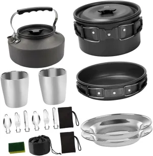 2-3 Person Camp Cook Set Multipurpose Camping Cookware Collapsible Handle for Outdoor Hiking Picnic Backpacking