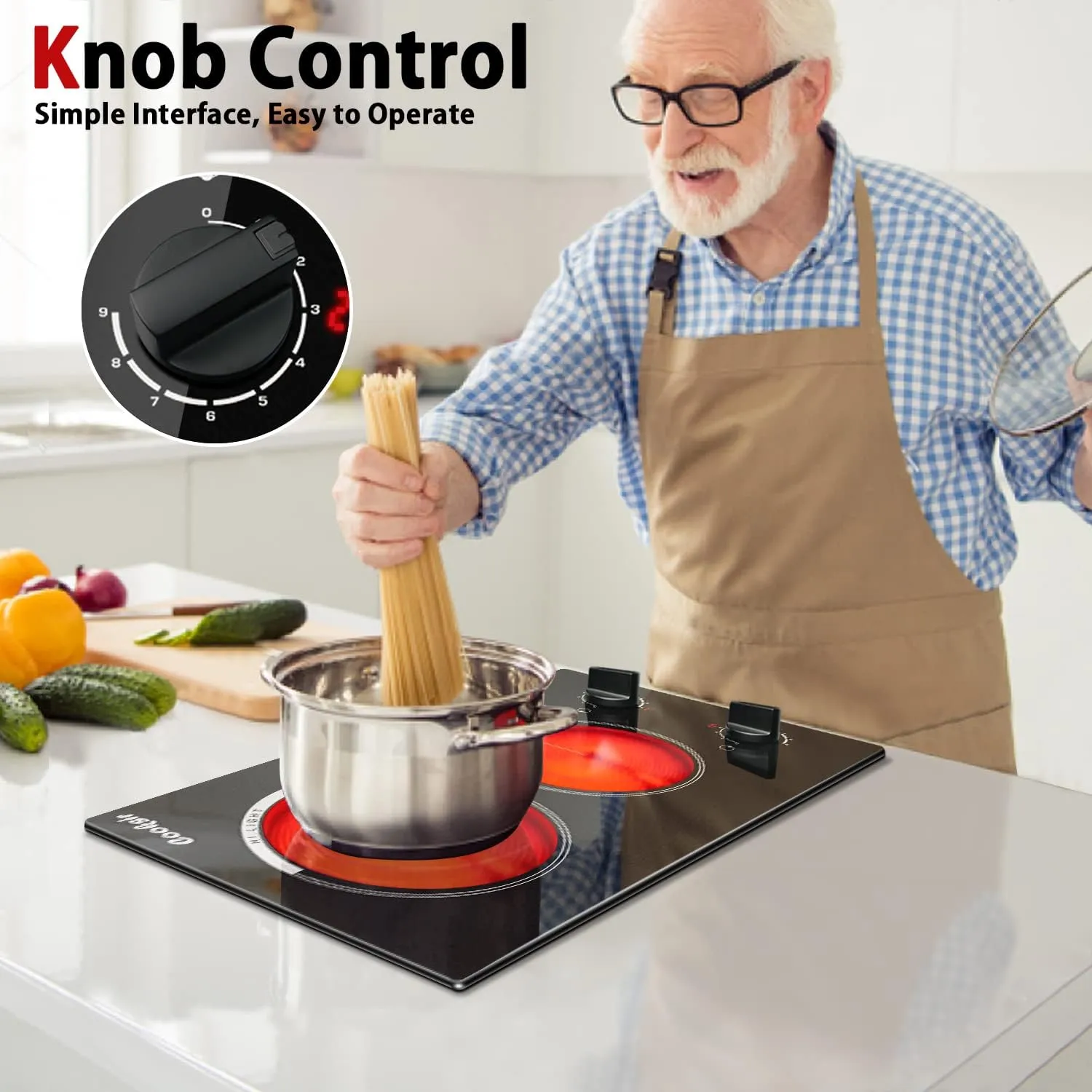 2 Burner Electric Cooktop - 110v Countertop and Built-in Electric Stove 2000W, 12 Inch Ceramic Stove with Residual Heat Indicator, Over-Temperature Protection, Knob Control, 110-120V Plug in