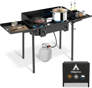 2 Burner Outdoor Camping Stove with Windscreen & Side Table, Cover, 20PSIG Regulator,150,000 BTU Propane Gas Stove for Camping Home Backyard Outdoor Cooking Brewing Canning
