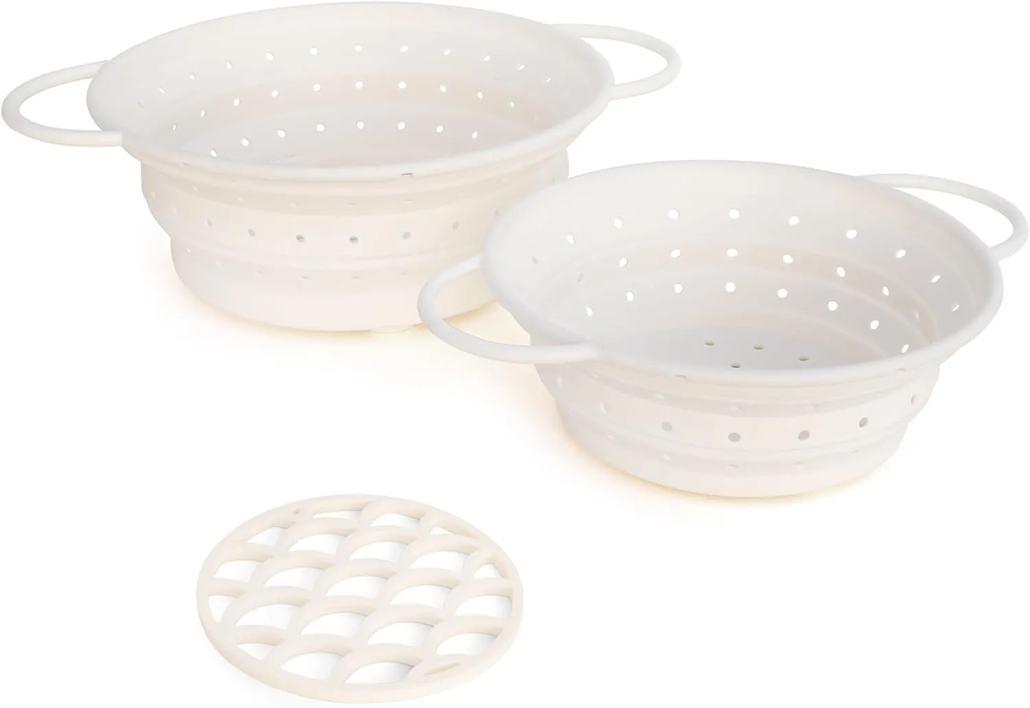 2 Collapsible Round Colanders with Handles and Trivet Mat for Hot Pots & Pans - Versatile Kitchen Set for Straining, Draining, and Heat Protection. Durable Silicone, Food Safe, Heat Resistant