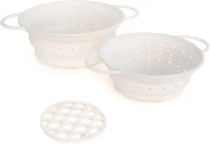 2 Collapsible Round Colanders with Handles and Trivet Mat for Hot Pots & Pans - Versatile Kitchen Set for Straining, Draining, and Heat Protection. Durable Silicone, Food Safe, Heat Resistant