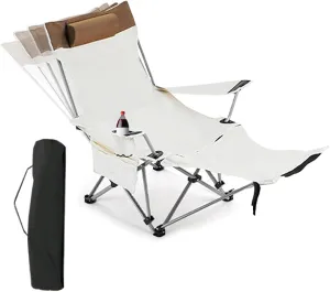 2 in 1 Folding Camping Lounge Chair with Removable Footrest,Picnic Chair,4 Height Adjustments Portable Reclining Camping Chair with Storage Bag & Cup Holder for 300lbs (White)
