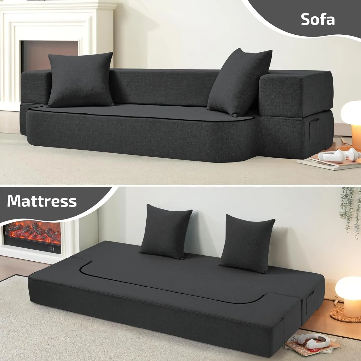 2-in-1 Folding Sofa Bed with 2 Pillows - Folding Chair Floor Couch & Sleeping Mattress - Washable Cover & Memory Foam Sleeper Chair for Living Room/Guest Room/Apartment/Loft, Dark Gray, Twin XL