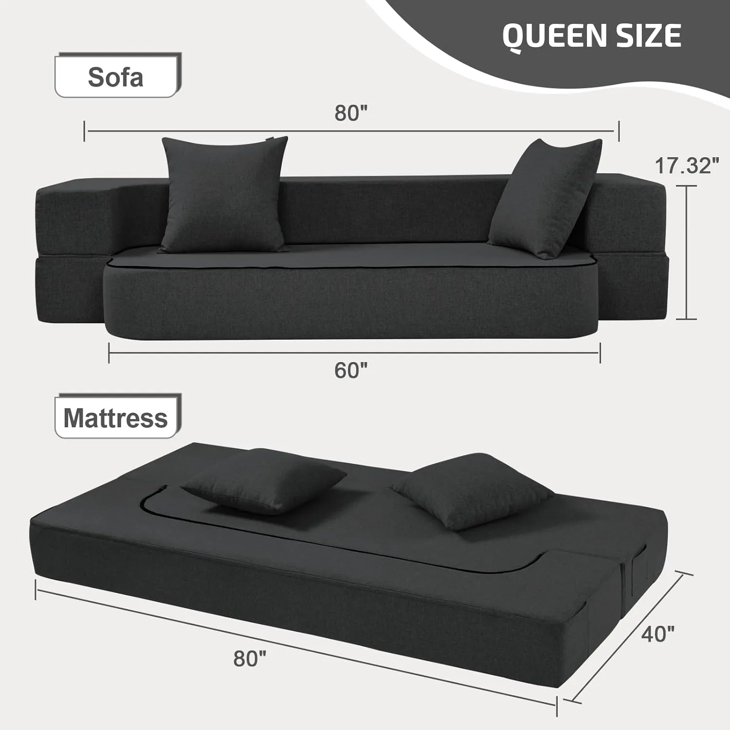 2-in-1 Folding Sofa Bed with 2 Pillows - Folding Chair Floor Couch & Sleeping Mattress - Washable Cover & Memory Foam Sleeper Chair for Living Room/Guest Room/Apartment/Loft, Dark Gray, Twin XL