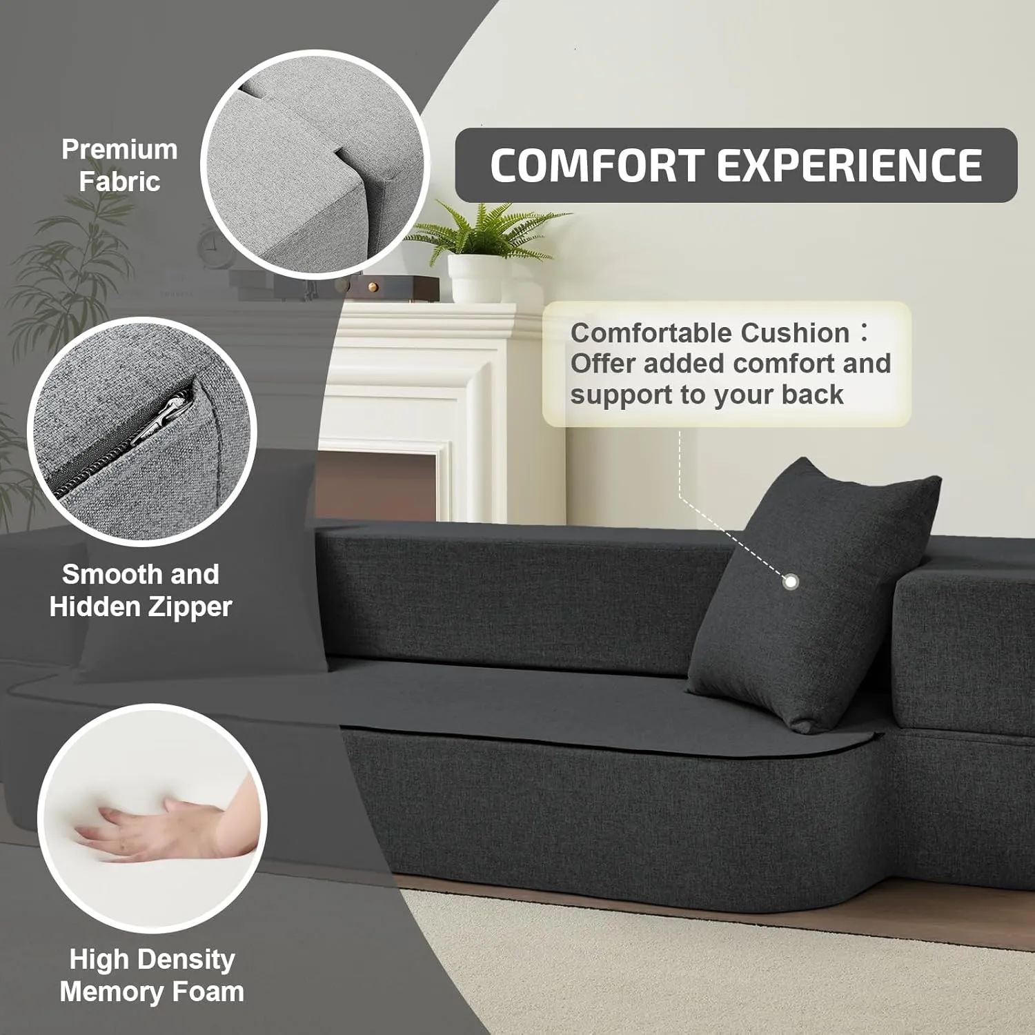 2-in-1 Folding Sofa Bed with 2 Pillows - Folding Chair Floor Couch & Sleeping Mattress - Washable Cover & Memory Foam Sleeper Chair for Living Room/Guest Room/Apartment/Loft, Dark Gray, Twin XL