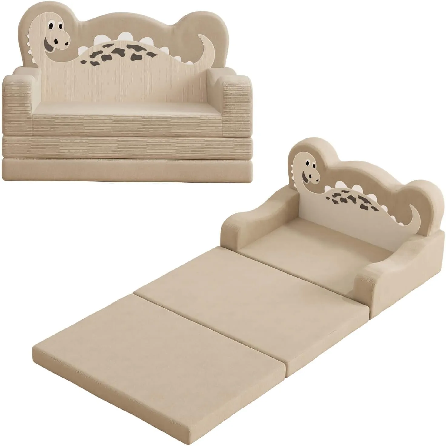 2-in-1 Kids Couch Fold Out, Convertible Toddler Couch to Lounger, Toddler Chair Comfy, Kids Sofa for Girls and Boys, Gift for Birthday, Children's Day, Dinosaur Beige