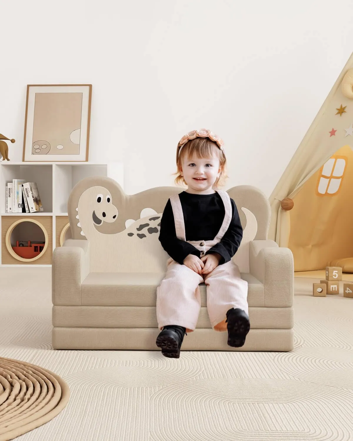 2-in-1 Kids Couch Fold Out, Convertible Toddler Couch to Lounger, Toddler Chair Comfy, Kids Sofa for Girls and Boys, Gift for Birthday, Children's Day, Dinosaur Beige