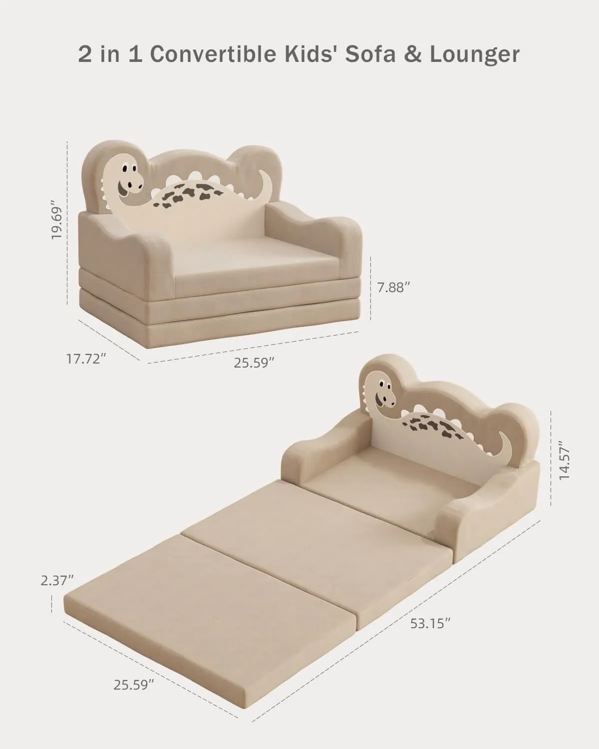 2-in-1 Kids Couch Fold Out, Convertible Toddler Couch to Lounger, Toddler Chair Comfy, Kids Sofa for Girls and Boys, Gift for Birthday, Children's Day, Dinosaur Beige