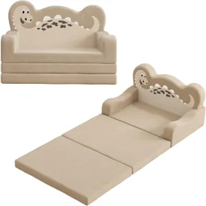 2-in-1 Kids Couch Fold Out, Convertible Toddler Couch to Lounger, Toddler Chair Comfy, Kids Sofa for Girls and Boys, Gift for Birthday, Children's Day, Dinosaur Beige