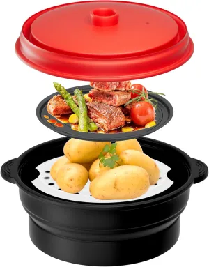 2-in-1 Microwave Steamer Cooker & Grill Pan, Collapsible Silicone Frying Pan Skillet with Lid - 4 Pcs Steamer Grilling Cookware for Vegetables Fish Prep Meal Food with Removable Rack BPA Free, Dishwasher Safe