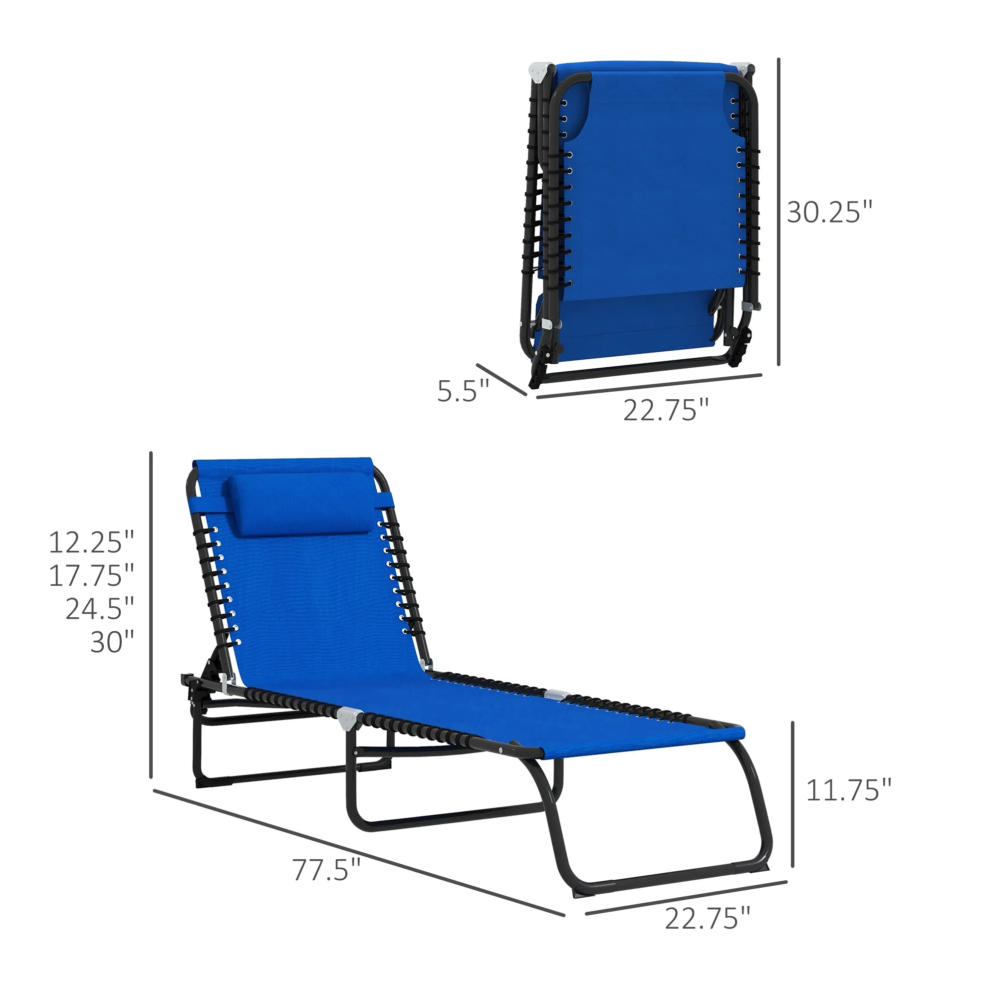 2-Pack Folding Chaise Lounge Pool Chairs, 4-Position Reclining, Bungee Seat with Pillow, Blue