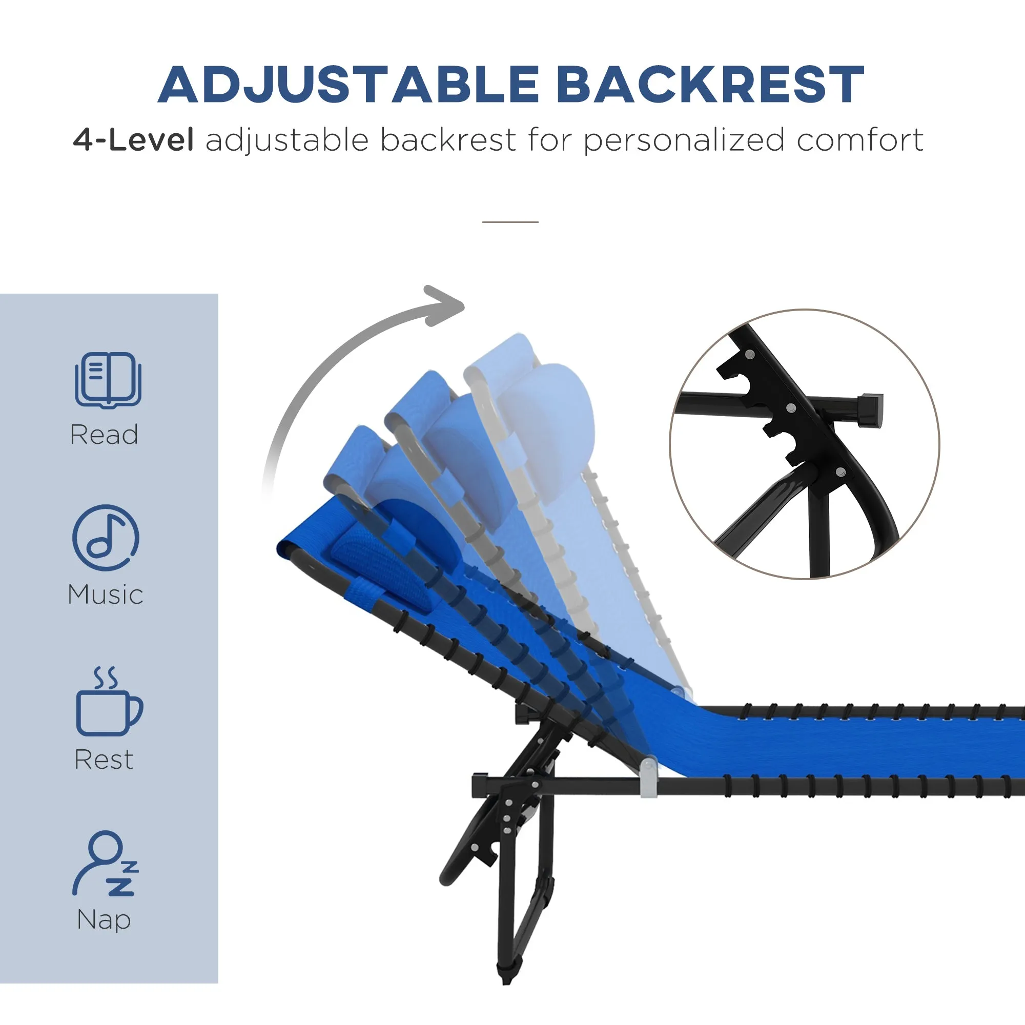 2-Pack Folding Chaise Lounge Pool Chairs, 4-Position Reclining, Bungee Seat with Pillow, Blue