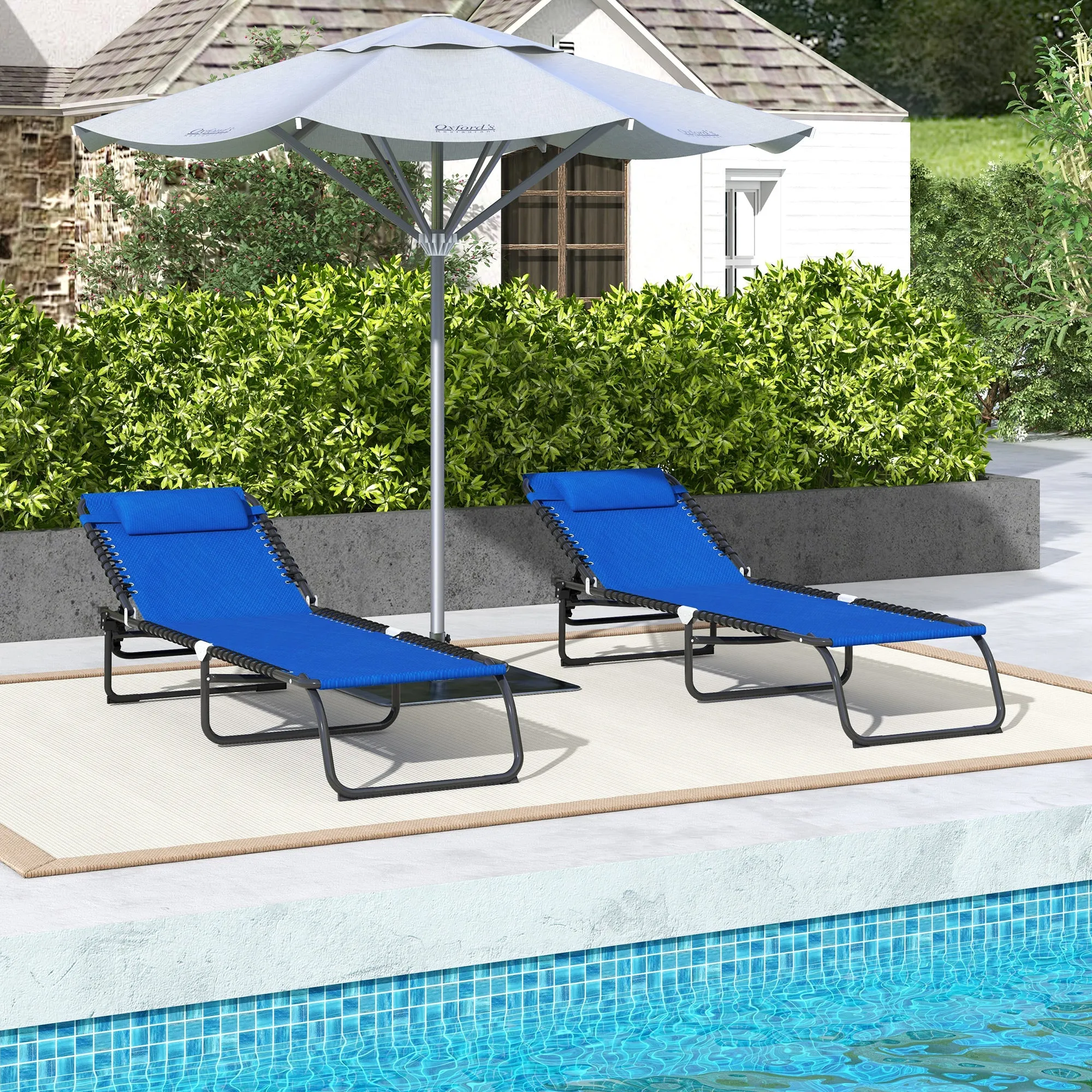 2-Pack Folding Chaise Lounge Pool Chairs, 4-Position Reclining, Bungee Seat with Pillow, Blue