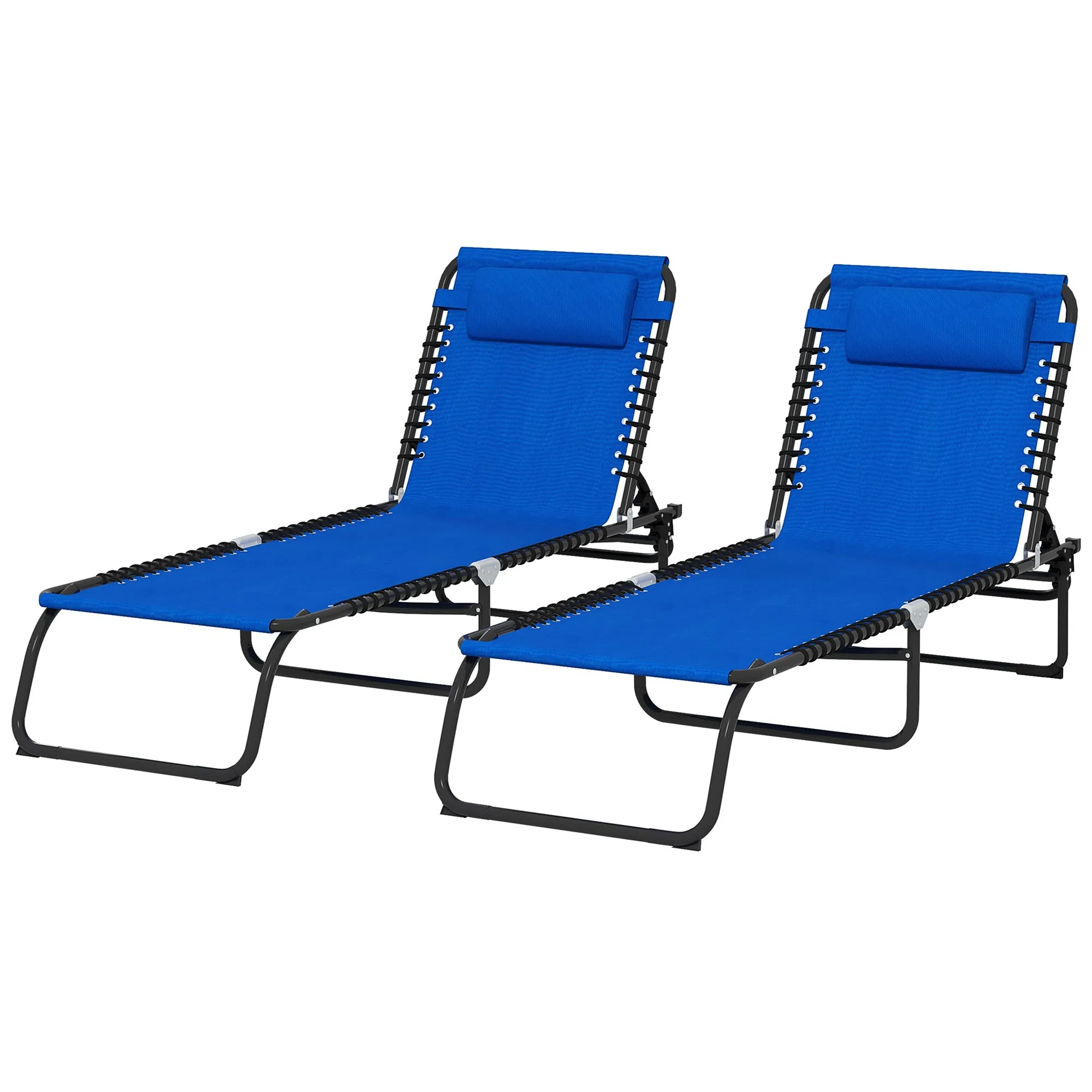 2-Pack Folding Chaise Lounge Pool Chairs, 4-Position Reclining, Bungee Seat with Pillow, Blue