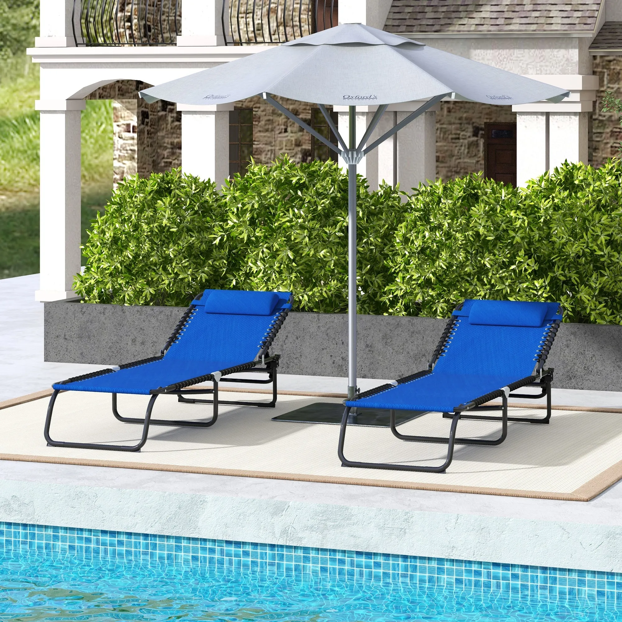 2-Pack Folding Chaise Lounge Pool Chairs, 4-Position Reclining, Bungee Seat with Pillow, Blue