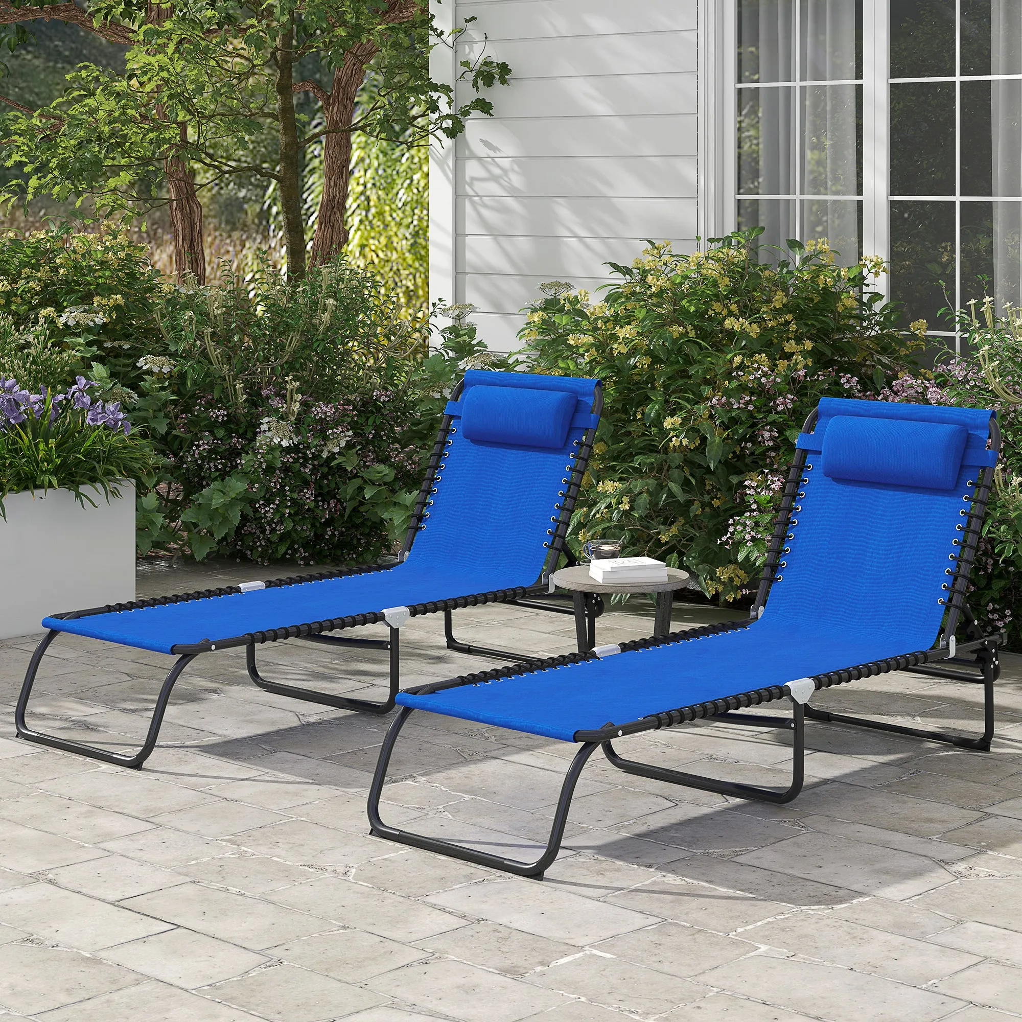 2-Pack Folding Chaise Lounge Pool Chairs, 4-Position Reclining, Bungee Seat with Pillow, Blue