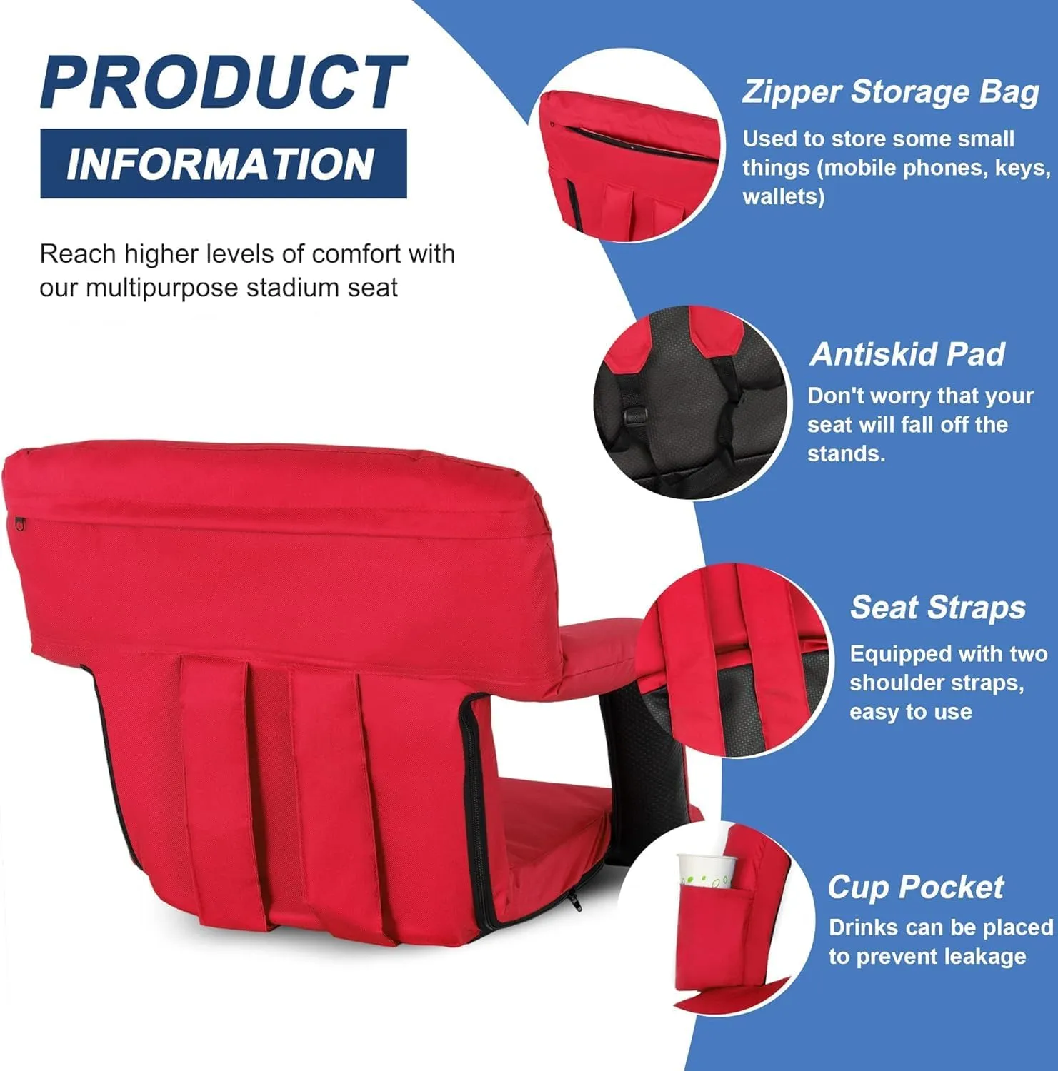 2 Pack Stadium Seats for Bleachers w/Back Support Padded Cushions 20.5"/25" Wide Comfortable Bleacher Chairs, Portable & Reclining Design - Ideal for Camping, Stadium Events