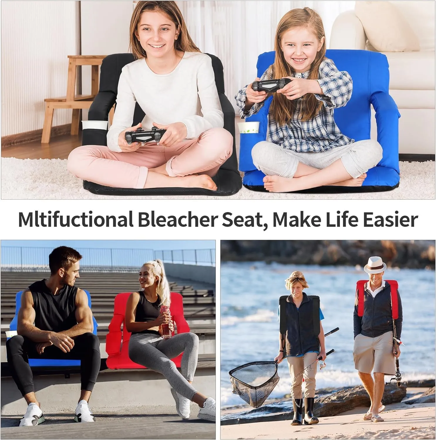 2 Pack Stadium Seats for Bleachers w/Back Support Padded Cushions 20.5"/25" Wide Comfortable Bleacher Chairs, Portable & Reclining Design - Ideal for Camping, Stadium Events